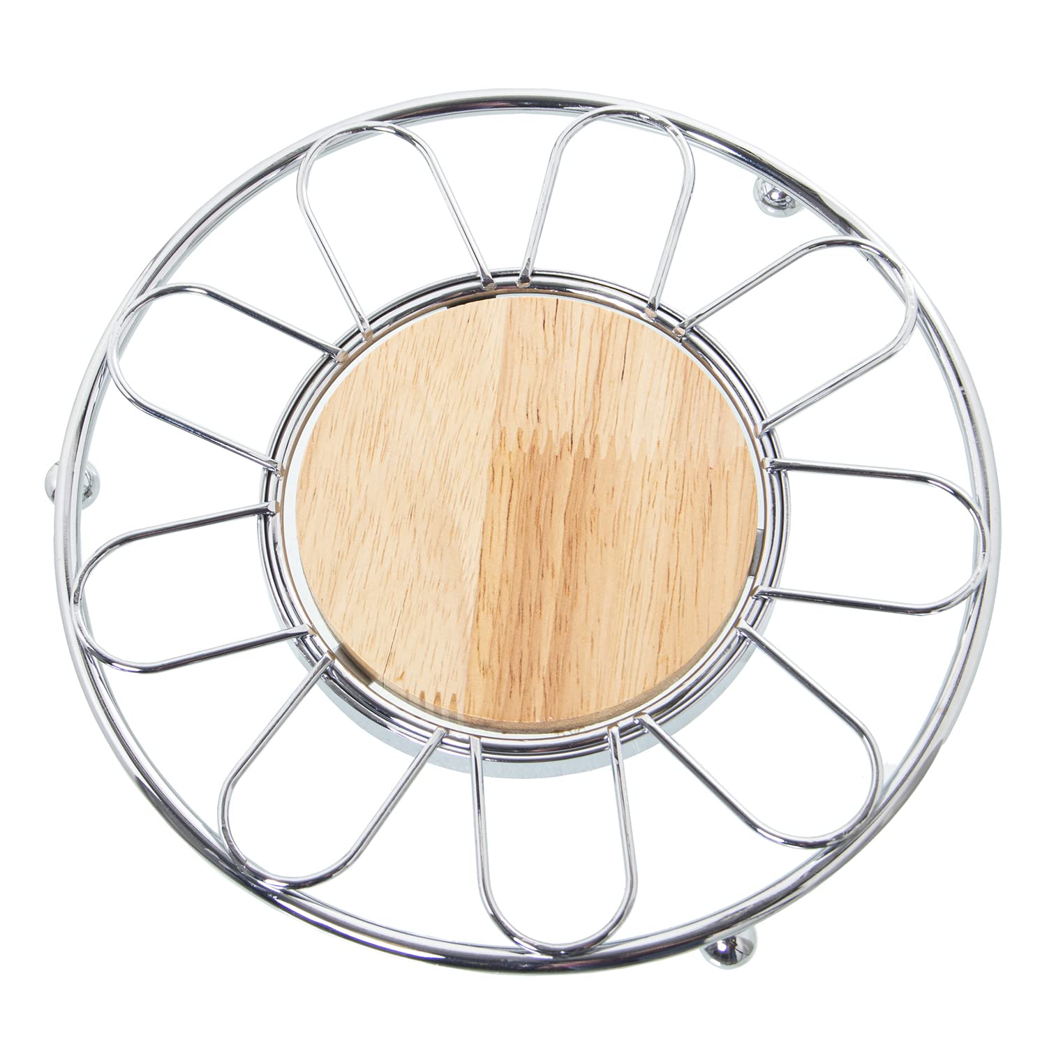 DRW Dessous de Plat Rond en métal avec Centre chromé et Naturel 20 x 2 cm, Bois 10 cm, estandar