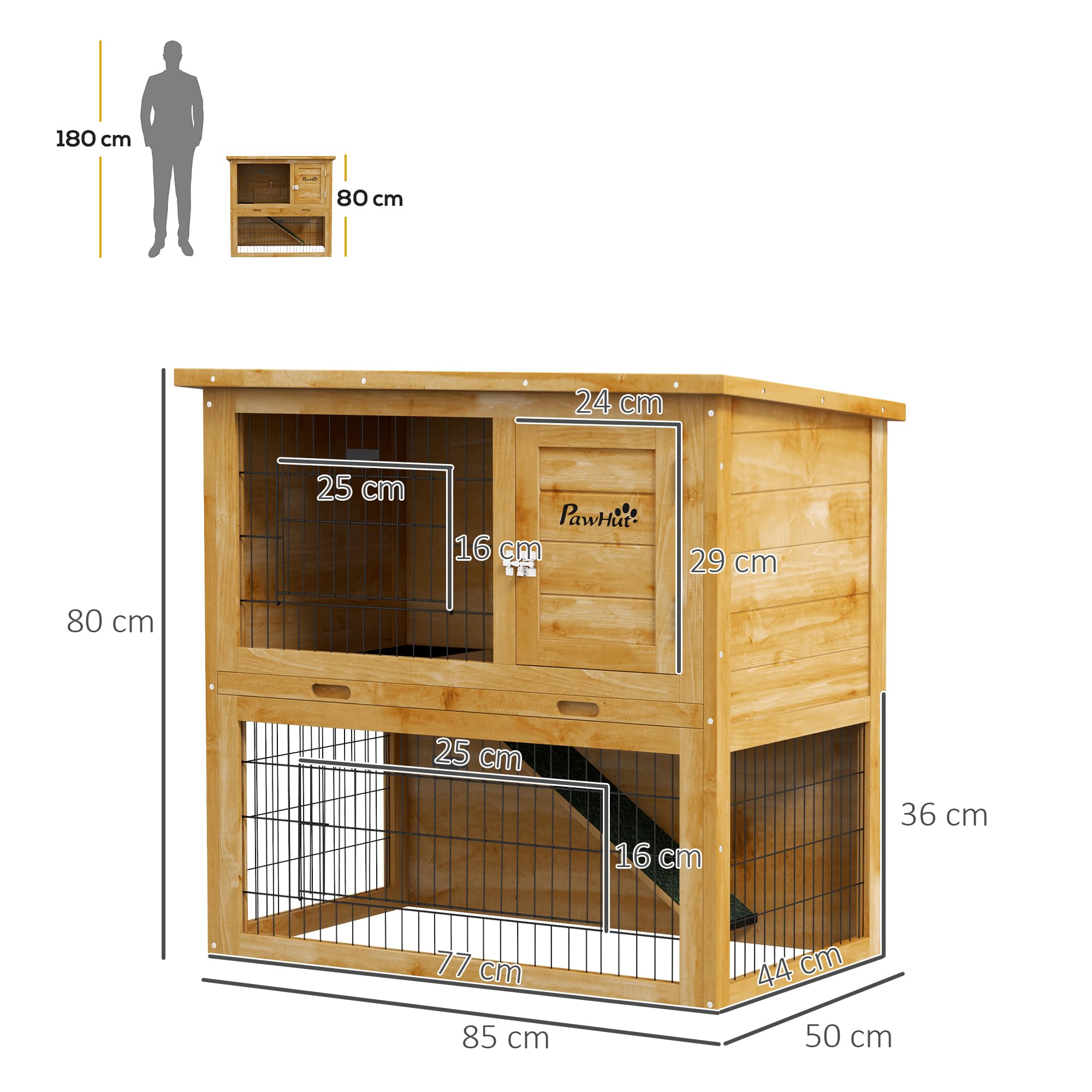 PawHut Conigliera a 2 Piani con 3 Porte con Serratura, Rampa Scorrevole e Tetto in Asfalto, Legno Massiccio, per Conigli, 85 x 50 x 80 cm, Giallo