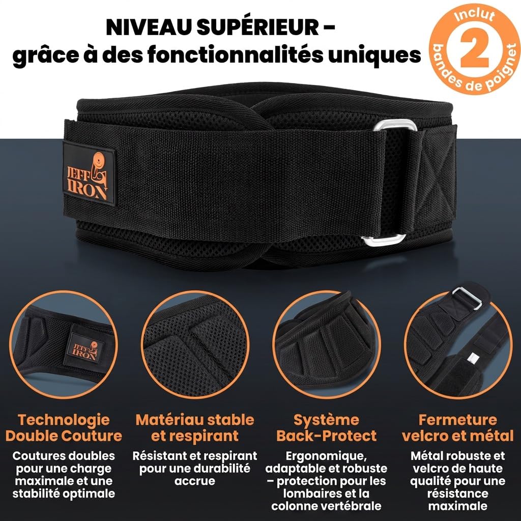 eff Iron Ceinture d'haltérophilie avec bandages de poignet - Ceinture de poids pour homme et femme - Ceinture de fitness pour musculation, gym, dynamophilie - Sangle dorsale avec fermeture et soutien