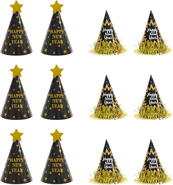 Runmeihe 12PCS New Years Eve Party Hats, Black Gold Cone New Year Party Hats, Happy New Year Decorations for Adults, Kids, New Years Eve Decorations 2023