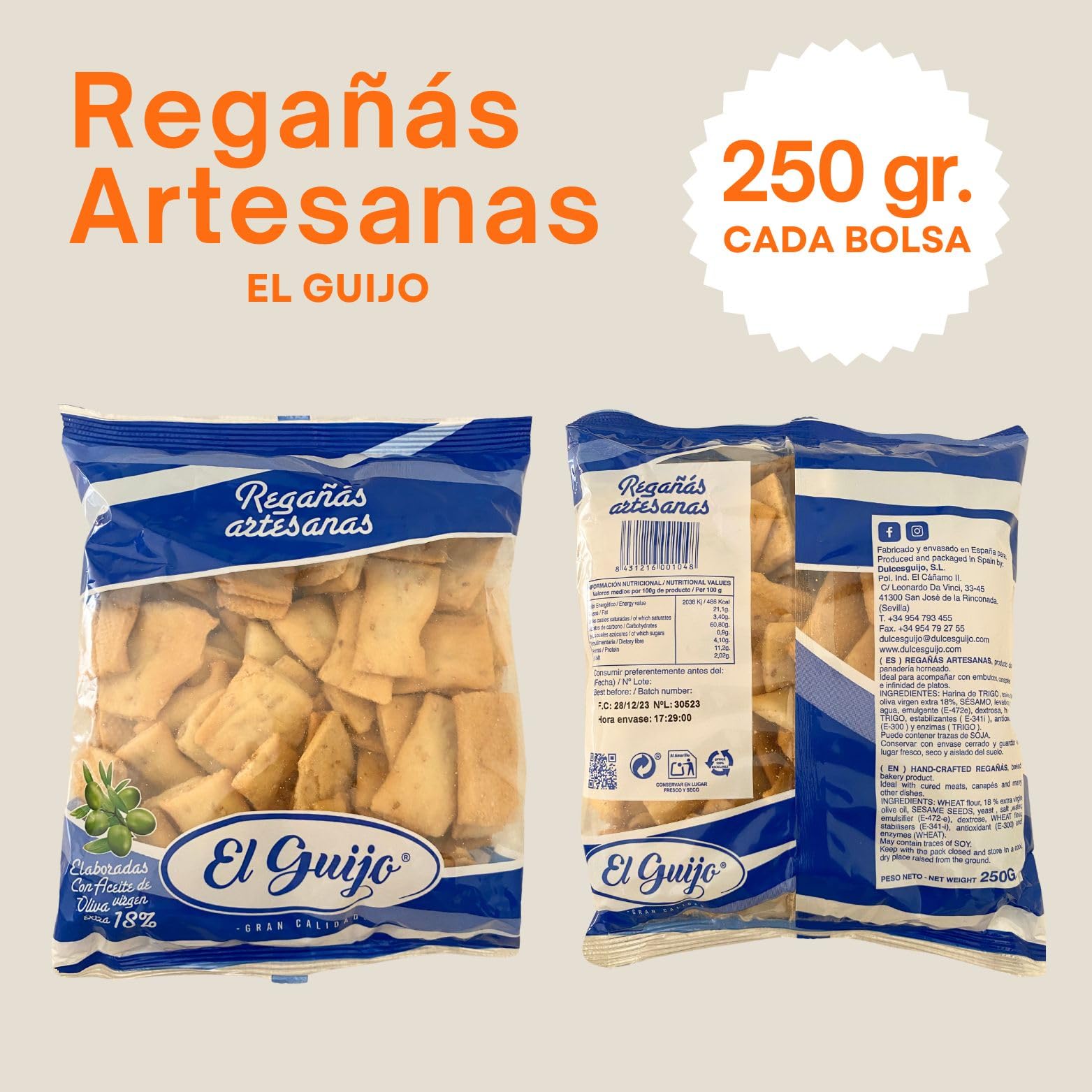 Regañá Artesana El Guijo 18% Aceite de Oliva Virgen Extra Pack 6x250g Cuadraditos Pan Crujiente