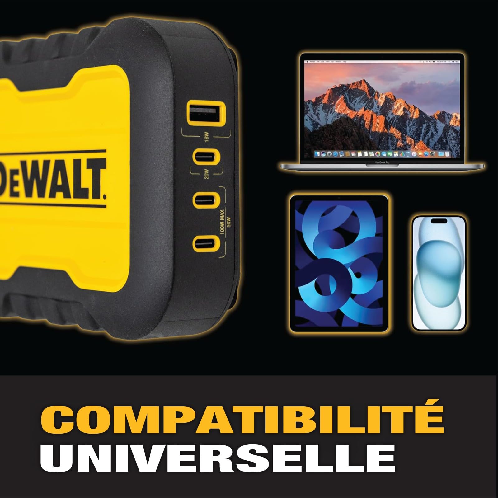 DEWALT Chargeur USB C 4 Ports 100W Haute Puissance, Station de Charge Multiport avec Répartition Intelligente, Câble EU 1,8 m, Compatible Batteries DEWALT 20V Max & FLEXVOLT, Idéal Atelier & Chantier