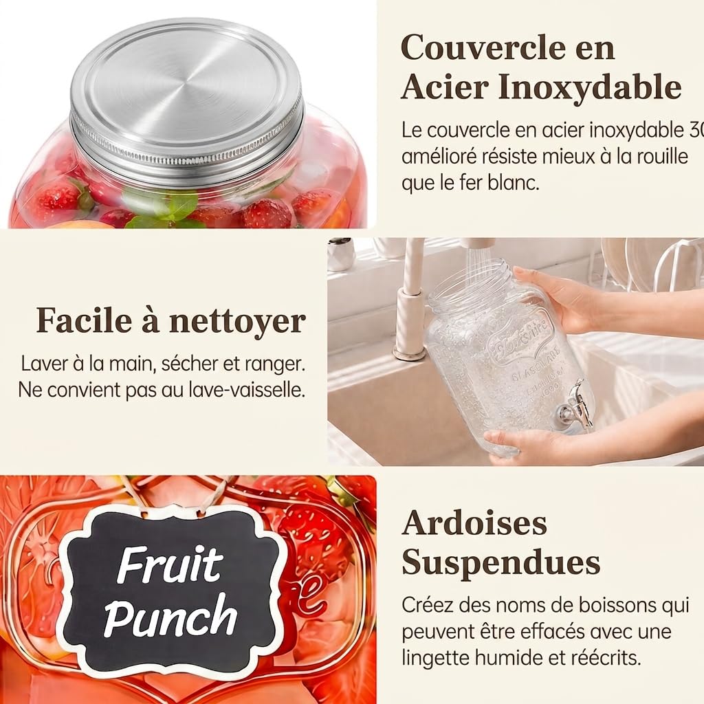 Lifewit Lot de 2 distributeurs de boissons de 4 l en verre avec robinet et support pour bière, limonade, jus, thé, eau, boissons, avec robinet, pour fêtes, buffets, événements, 39 x 16 cm