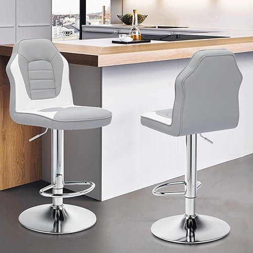 Miniatura 12 de MoNiBloom Juego de 2 taburetes de bar estilo carreras, de piel sintética ajustable en altura con reposapiés, sillas de bar giratorias de 360 con