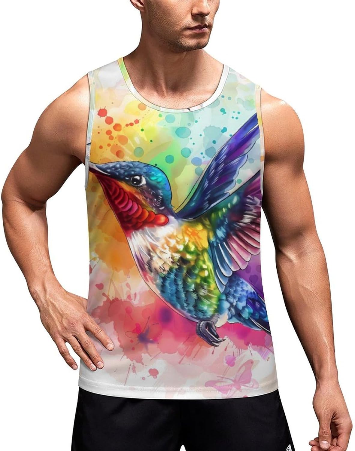 Watercolor Hummingbird Men's Tank Top Sleeveless Muscle Shirts Vest Beach T Shirts for Workout Gym