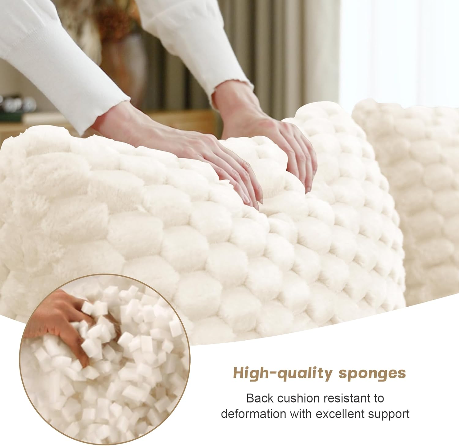 114" Boneless Modular Sectional Couch, Testured Fabric Sofa with 2 Ottoman, Low-Profile 3 Seater & 3 Thickened Cushion-back Sofa, Buckle Connection, Anti-slip Design, No Assembly Required-Cream White | Sectional Couch, Low-profile Sofa, 3-Seater Sofa, Textured Fabric Sofa, Cushion-back Sofa, Pet Friendly