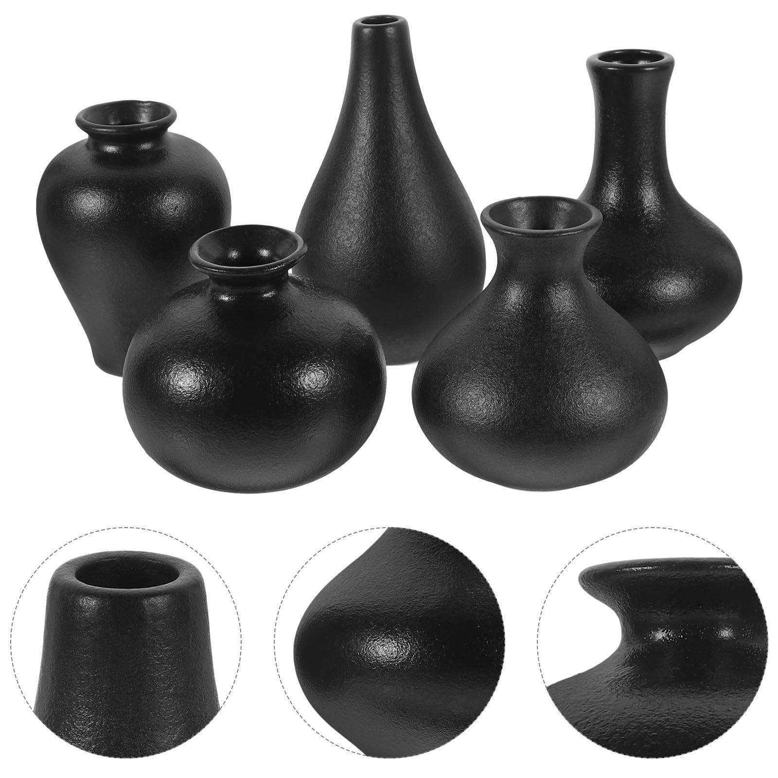 5 Piezas Mini Jarrón de Cerámica Negro, Juego de Decoración Zen