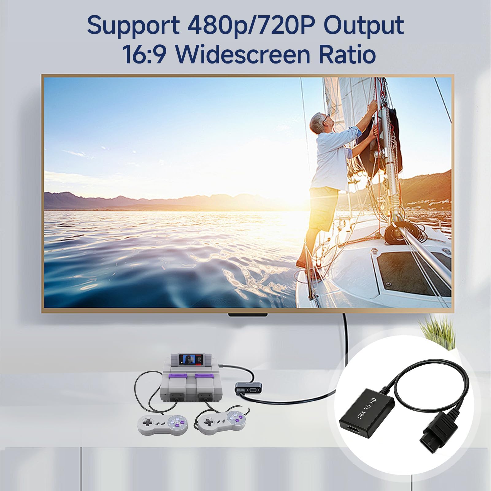 Convertidor N64 a HDMI para Nintendo 64/SNES/N64, Cable Adaptador para SNES a HDMI, Video HD 480p/720p con Audio Estéreo, Relación de Aspecto 16:9/4:3, para GameCube/SFC/NGC/Consola/Monitor/Proyector