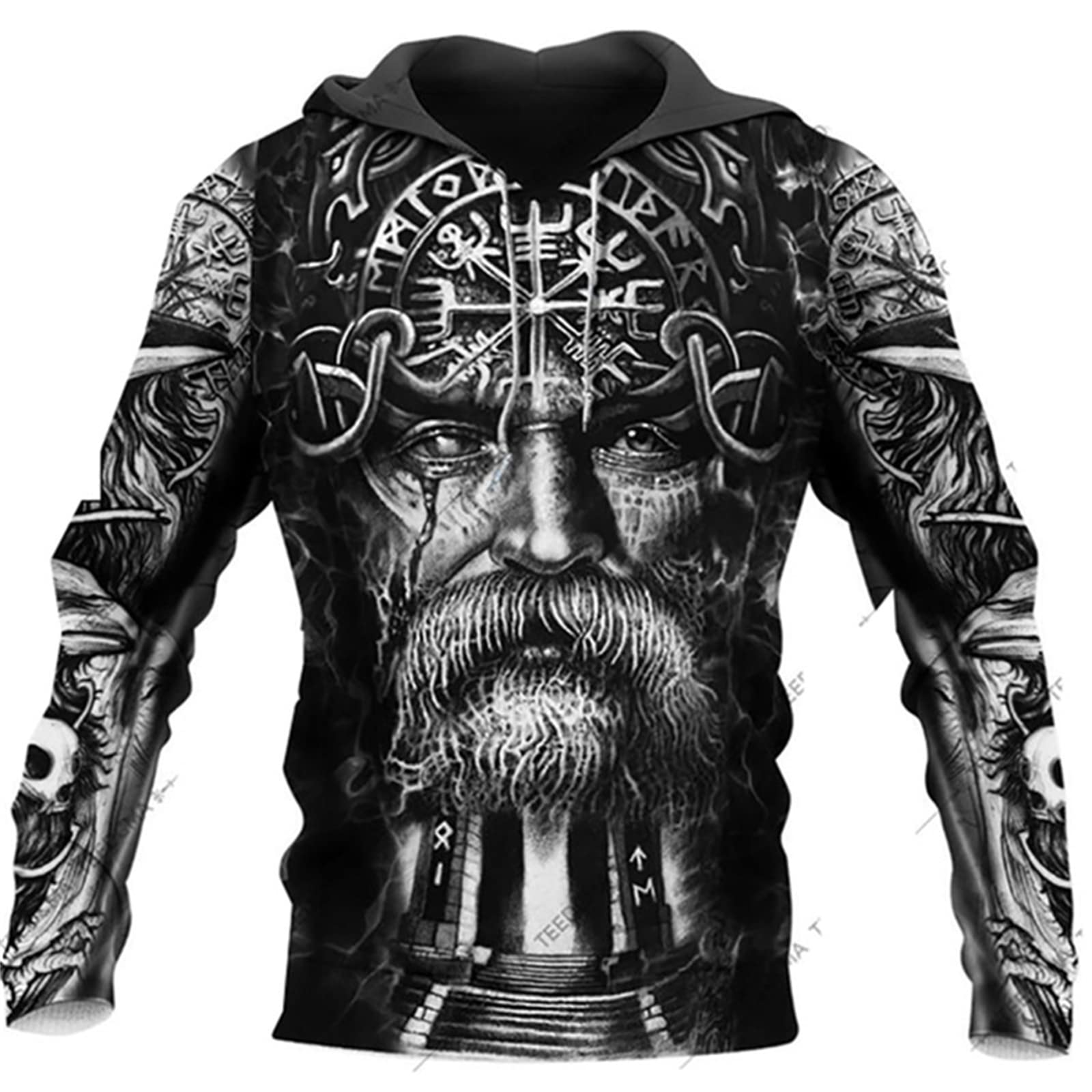 Men's Viking Hoodie Fashion Viking Tattoo 3D Printed Pullover Long Sleeve Sweatshirt Jacket Tops Streetwear