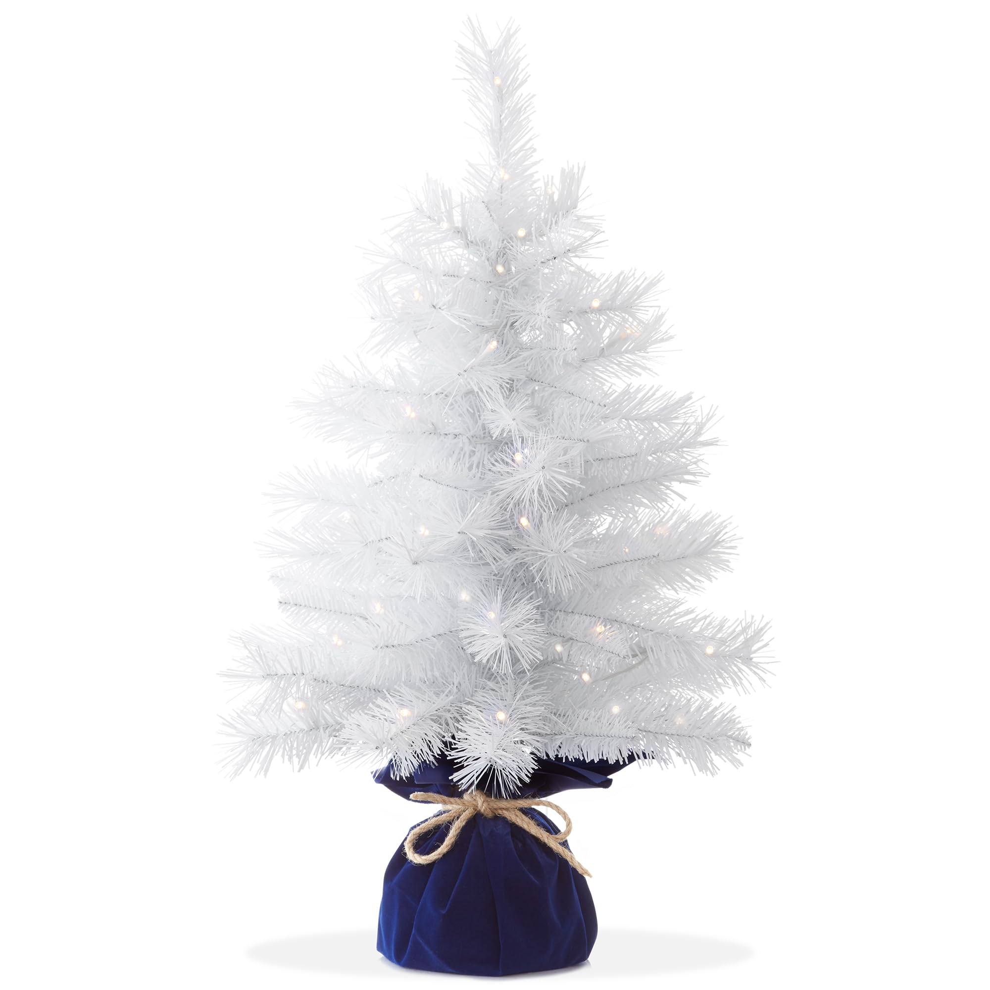 Casafield 2FT Pre-Lit Artificial Mini Christmas Tree, White Tabletop Holiday Tree with White Lights and Velvet Bag Base