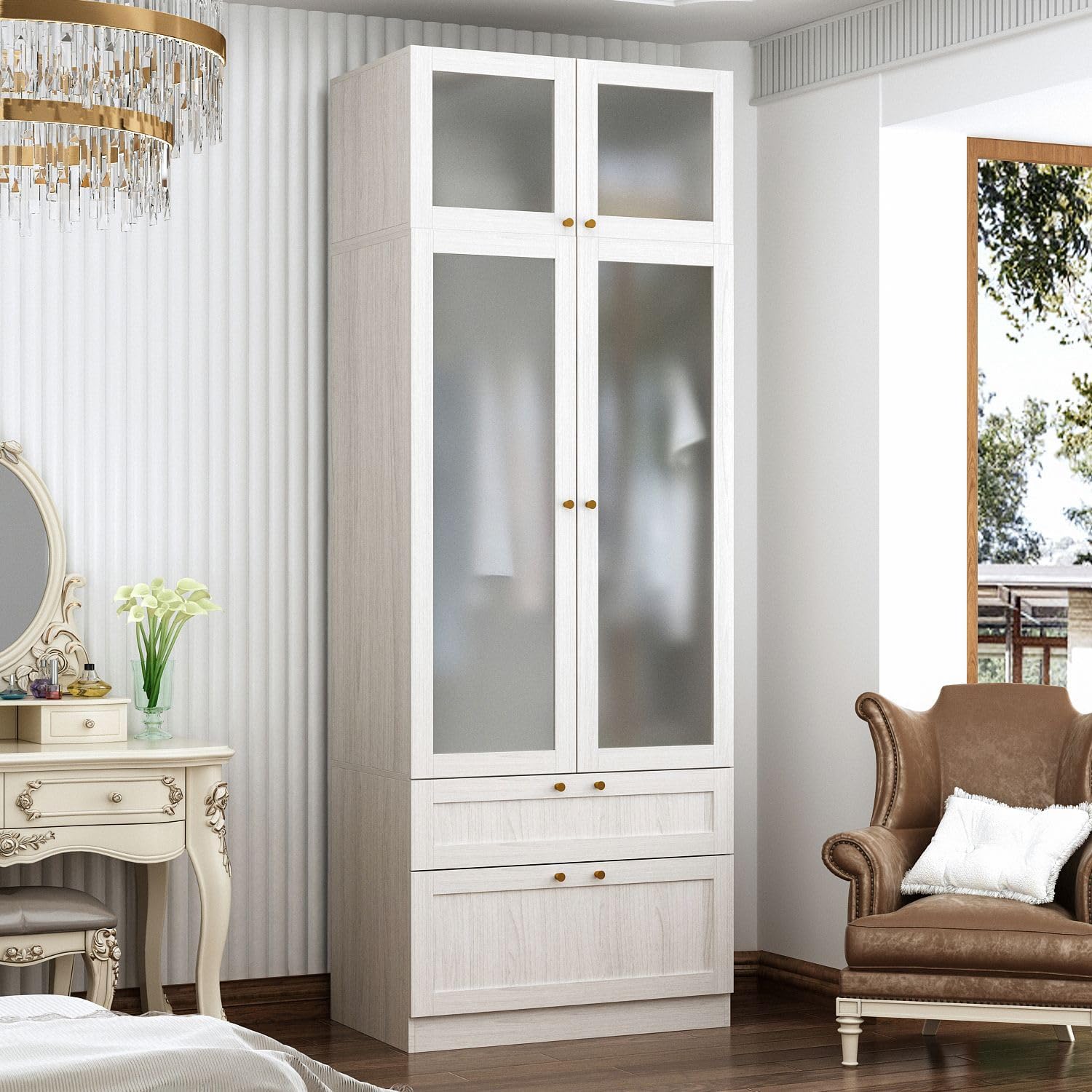 MOUMON 86.6" L-Shaped Corner Wardrobe with Frosted Glass Doors, Armoire Closet with Hanging Rod, Top Storage, Space-Saving, Light Oak 35.4”W x 35.4”D x 86.6”H