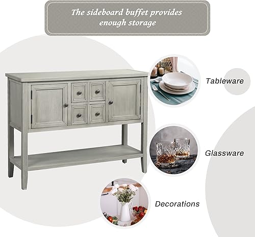 Miniatura 4 de Merax (Mesa de madera moderna gris antiguo con estante de almacenamiento, 2 cajones y 2 gabinetes de barra de café buffet para sala de estar,