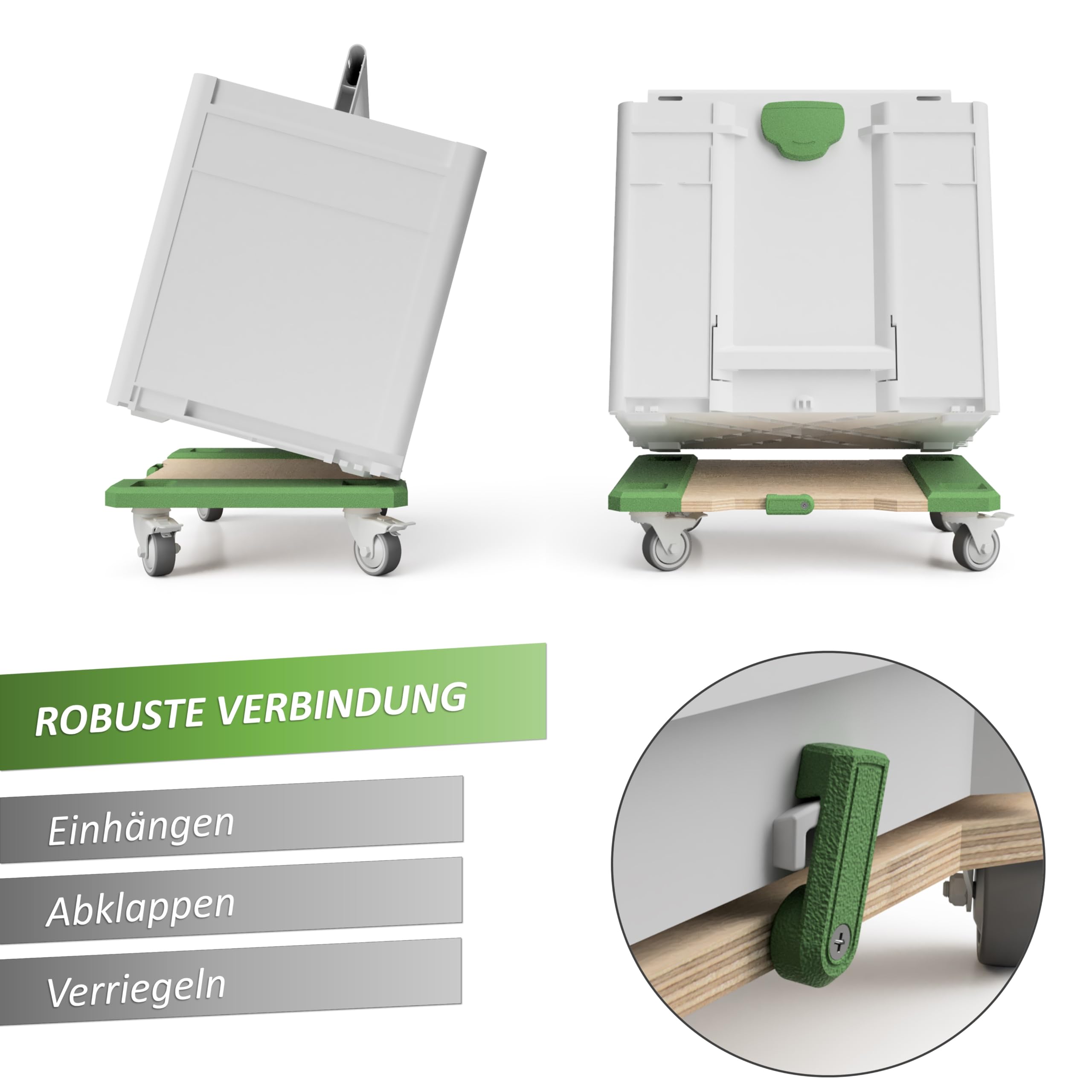 Carrello | Carrello di trasporto | Scooter | Cart compatibile con Festool, Toro, Tanos Systainer T Loc o SYS ³ 3 M – 4 ruote girevoli gommate (2 freni), 200 kg, betulla multiplex, su misura senza