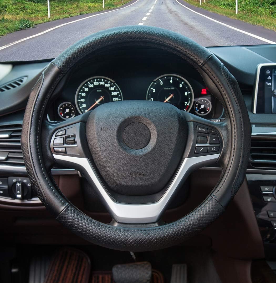 Super Accessories Auto Steering Wheel Cover Leather Black Universal 15 inch Fashion Feel Comfortable with Genuine Leather Steering Wheel Cover for Car Truck SUV (Black with Black Lines)