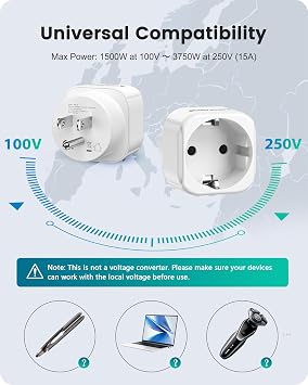 LENCENT 2 Pack Europe to US Plug Adapter,European to USA Adapter | American Outlet Plug Adapter, EU to US Adapter, Europe to USA Travel Plug Converter