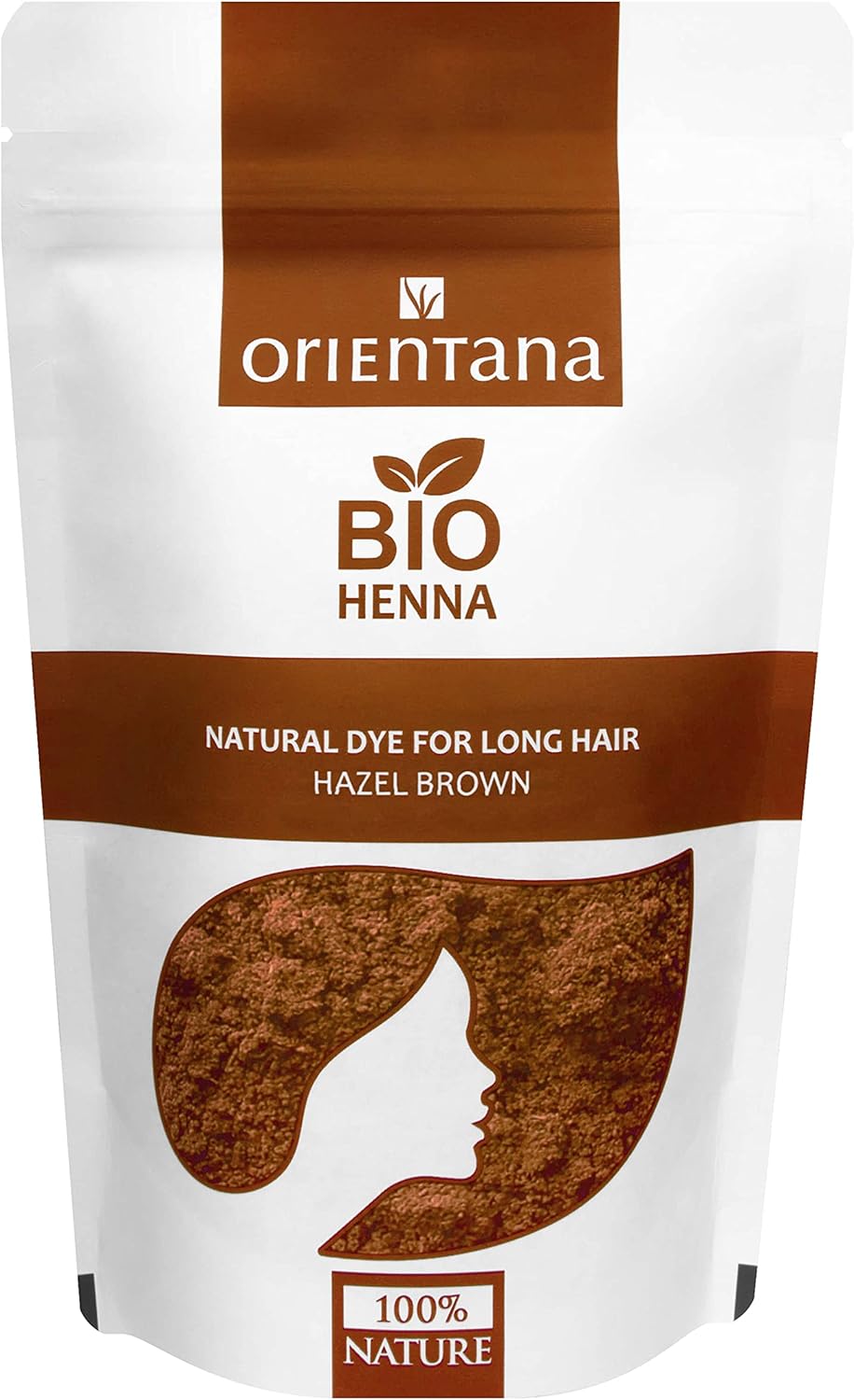 Orientana BIO HENNA Hazelnoot voor lang haar – 100% veganistisch, 100% van kruiden, kleurt het haar permanent, geeft het glans en volume, geeft nootkleur, 100 g