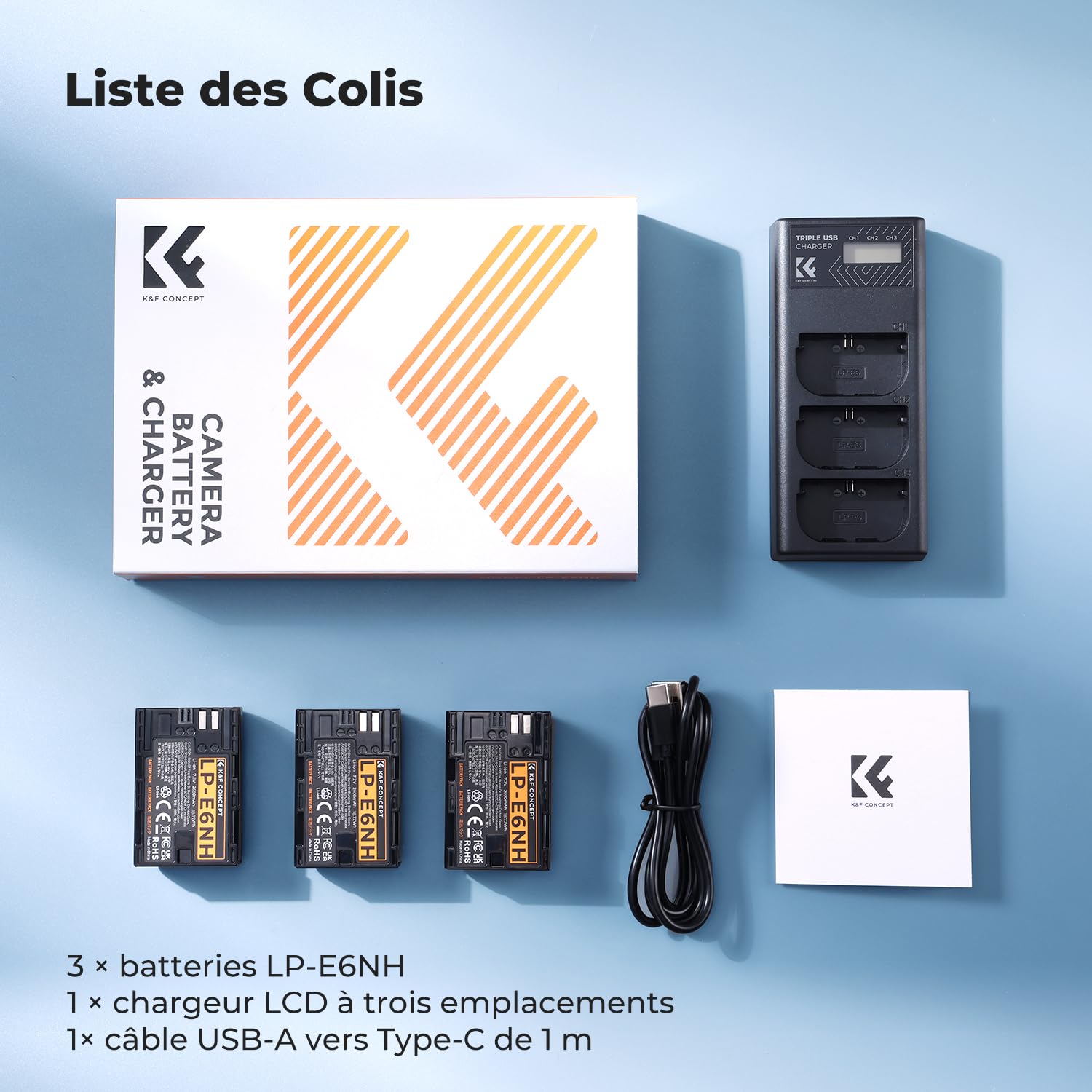 K&F CONCEPT 3-Pack LP-E6NH Batterie et Chargeur Compatible Canon EOS R7 R6 R5 2600mAh