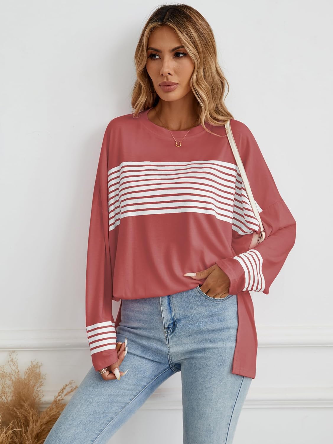 Famulily Womens Cute Striped Tunic Shirts Casual Long Sleeve Crewneck Shirt High Low Side Split Hem Loose Oversized Tees - Image 2