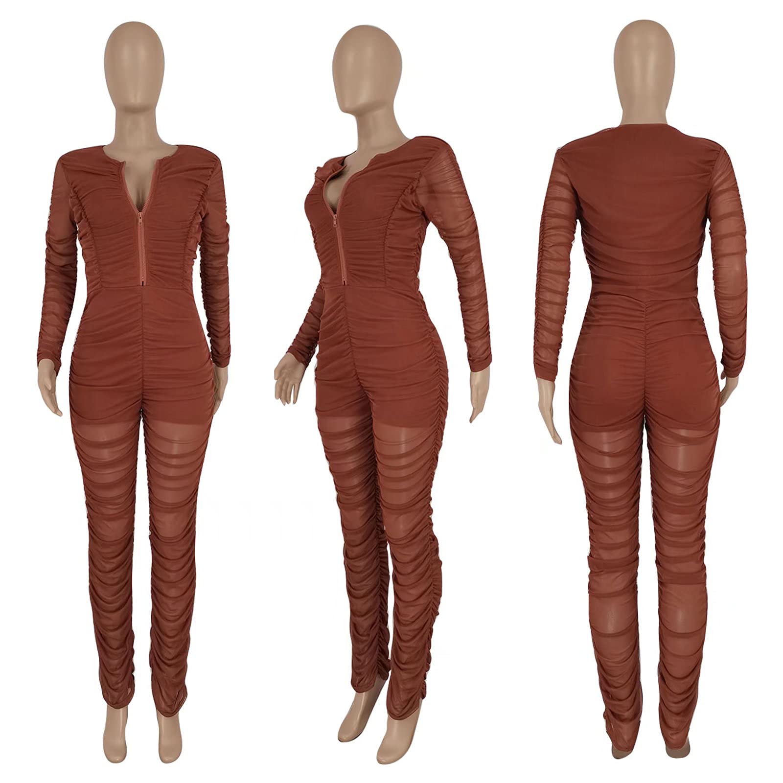 Mintsnow Sexy Mesh Patchwork Tute per le donne Elegante manica lunga fasciatura un pezzo partito lungo Body, Rosso - Impilato, Large