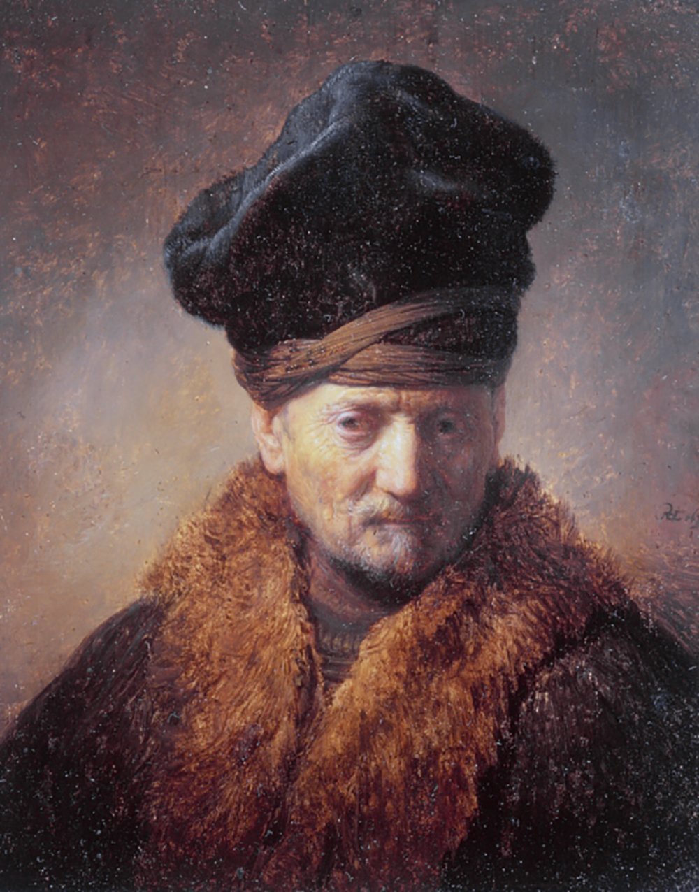 Retrato de Rembrandt: Cuadro pequeño Busto de Anciano con Gorro de Piel enmarcado