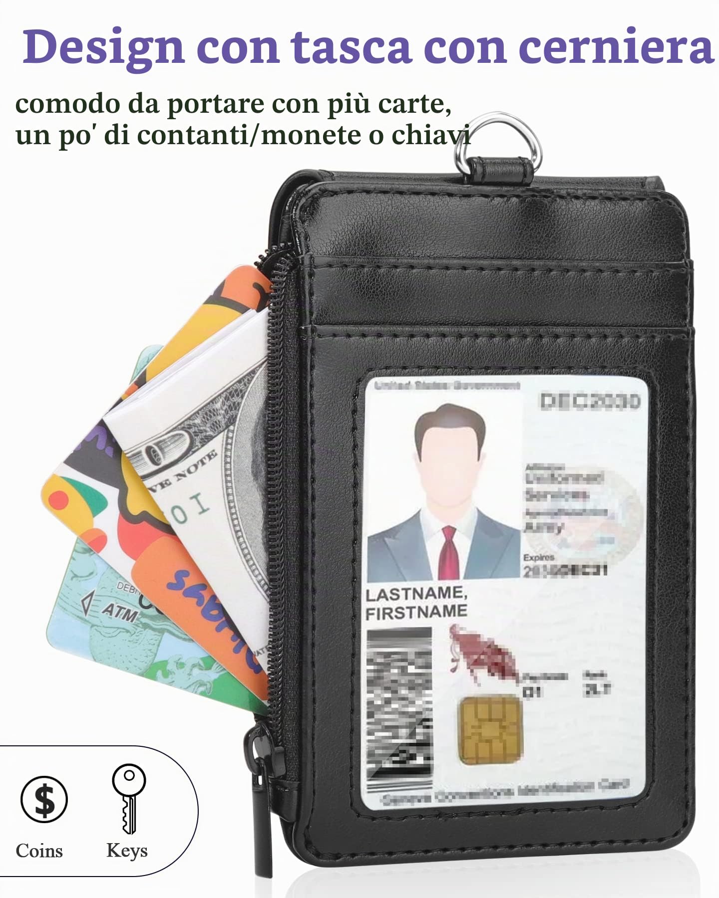 Teskyer Porta Badge da Collo in Pelle PU con Cordino Nylon e Gancio Acciaio Inossidabile, Tasca Cerniera, 1 Finestra ID, 3 Slot Schede