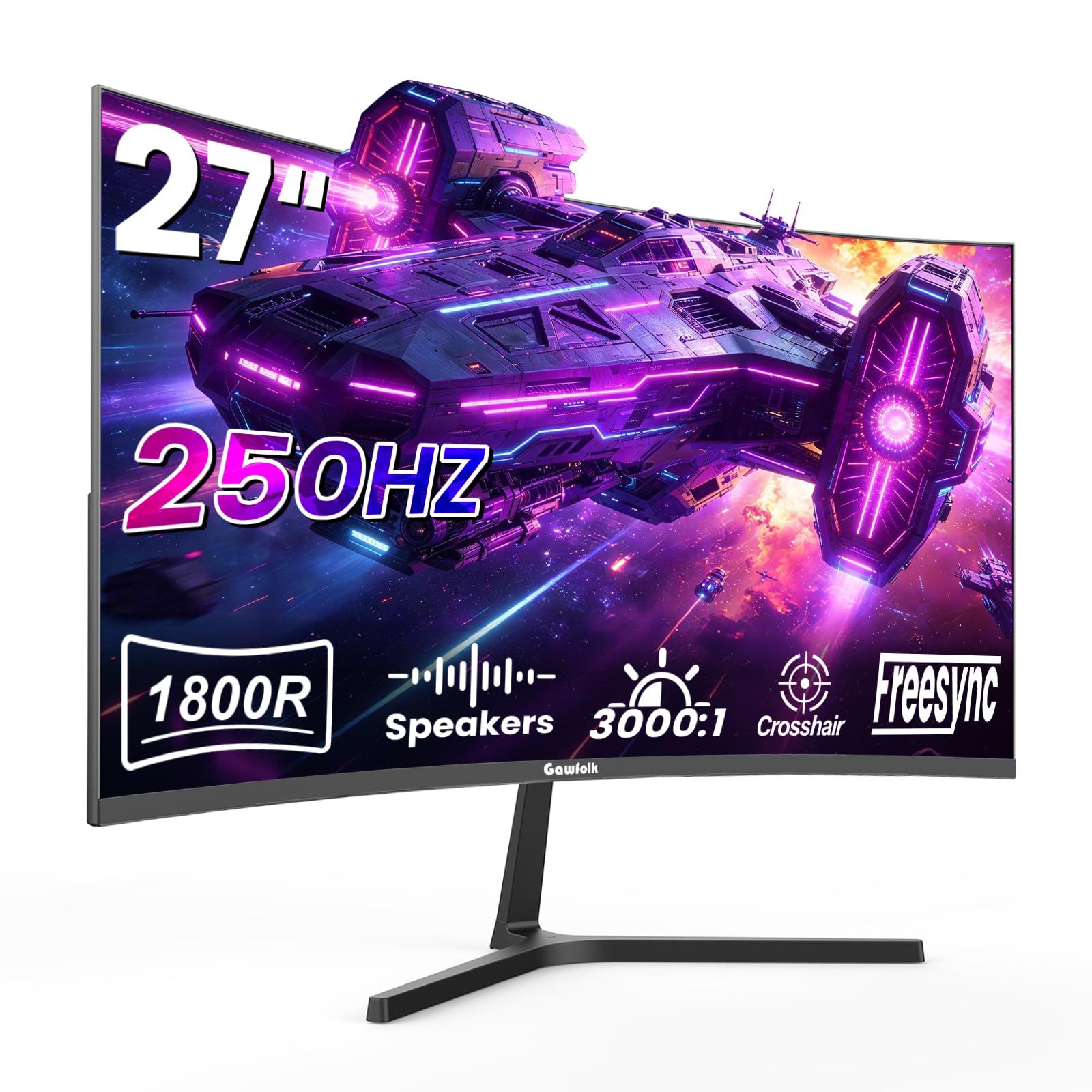 Gawfolk Curved Monitor 27 Zoll 250Hz, PC Bildschirm mit Lautsprecher 1080P, 1800R 250Hz Computerbildschirm mit Eye Care Technologie HDMI DP, unterstützt VESA
