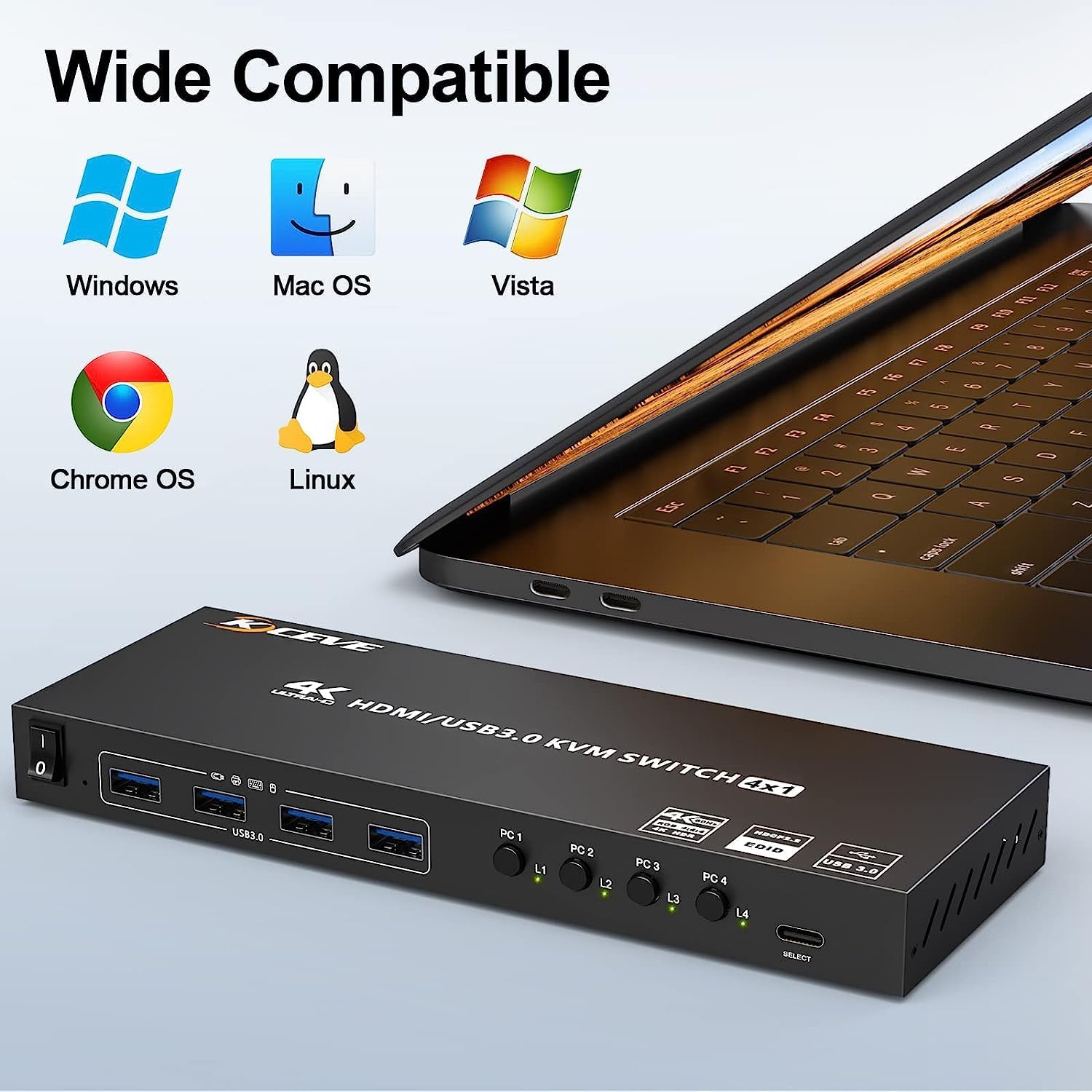 KVM Switch 4 PC 1 Monitor HDMI Simulazione EDID, 4K@60Hz, USB 3.0 KVM Switch HDMI 4 porte per 4 PC condividere 1 monitor e 4 dispositivi USB 3.0, con telecomando cablato, 5 cavi e alimentatore