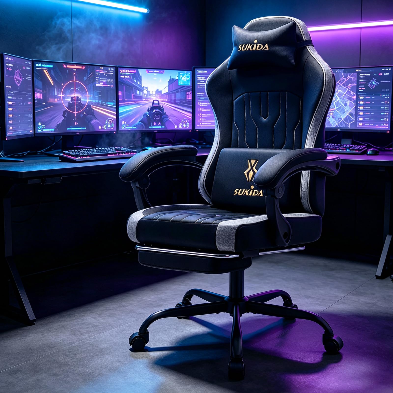 Gaming Stuhl Ergonomischer Elastischer Stretchstoff, Gaming Chair mit Fußstütze Kopfstütze Lendenkissen, Höhenverstellbarer Schreibtischstuhl Neigbar, Bürostuhl für Gaming und Homeoffice,Schwarz