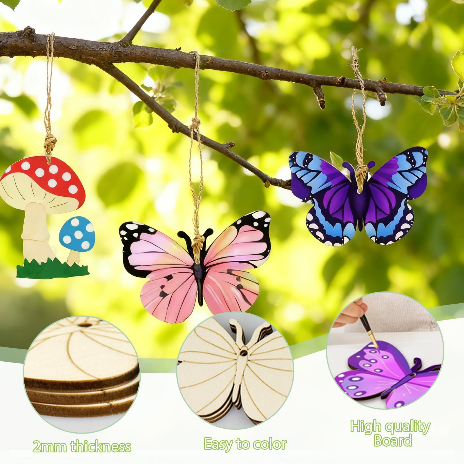 36Pcs Wooden Craft Shapes Blank Wood Ornaments DIY Woodens Crafts Kit Woodens Flower Butterfly Shapes for Kids Unfinished Wood Cutouts with Hole with Twine for DIY Crafts Home Decoration Craft Project - Image 3