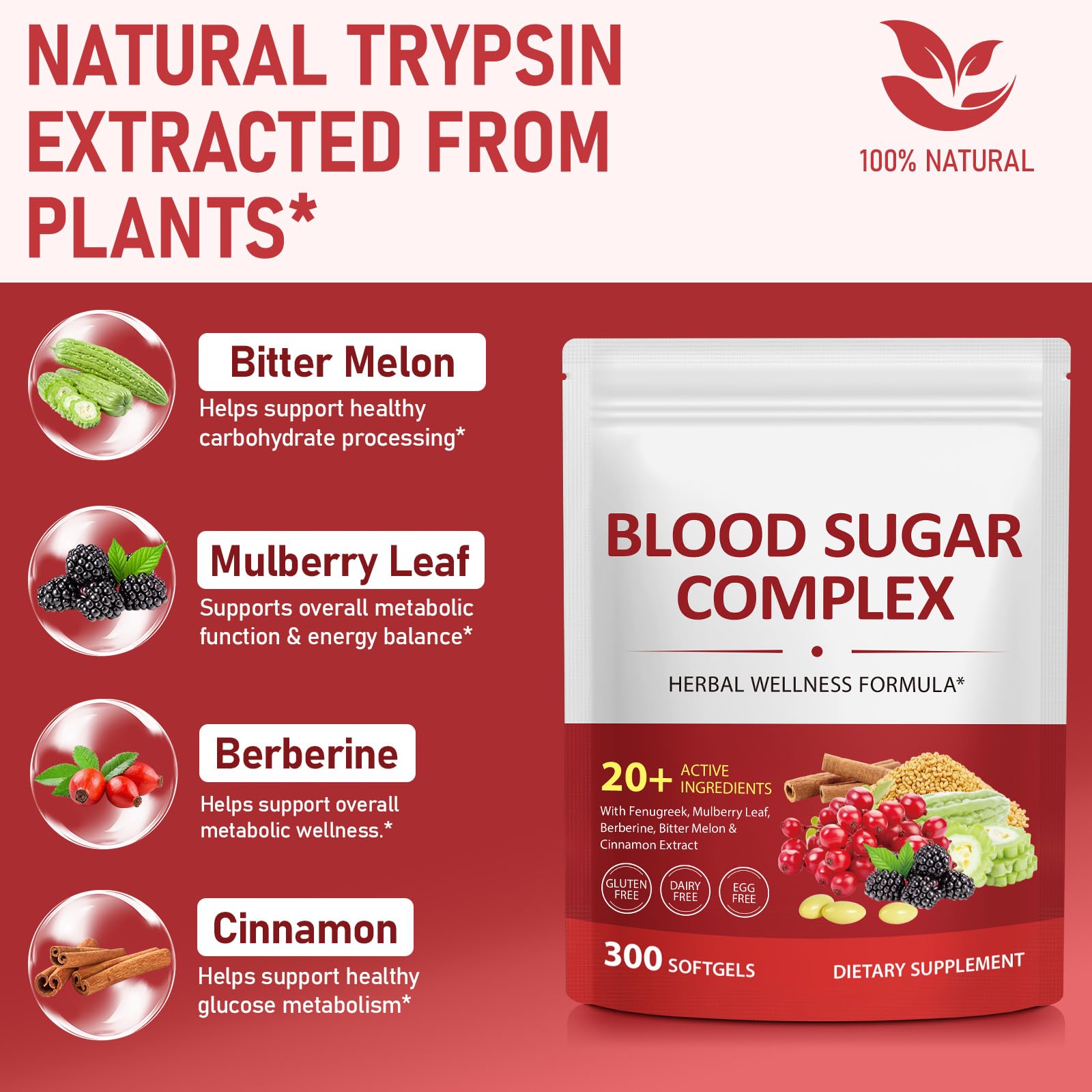 300 Softgels Blood Sugar Complex Supplement | 20+ Active Herbs-Berberine, Cinnamon, Bitter Melon, Mulberry Leaf, Fenugreek, Vitamins for Energy Level, Vitality Support | Clean Formula — Amazon image 3