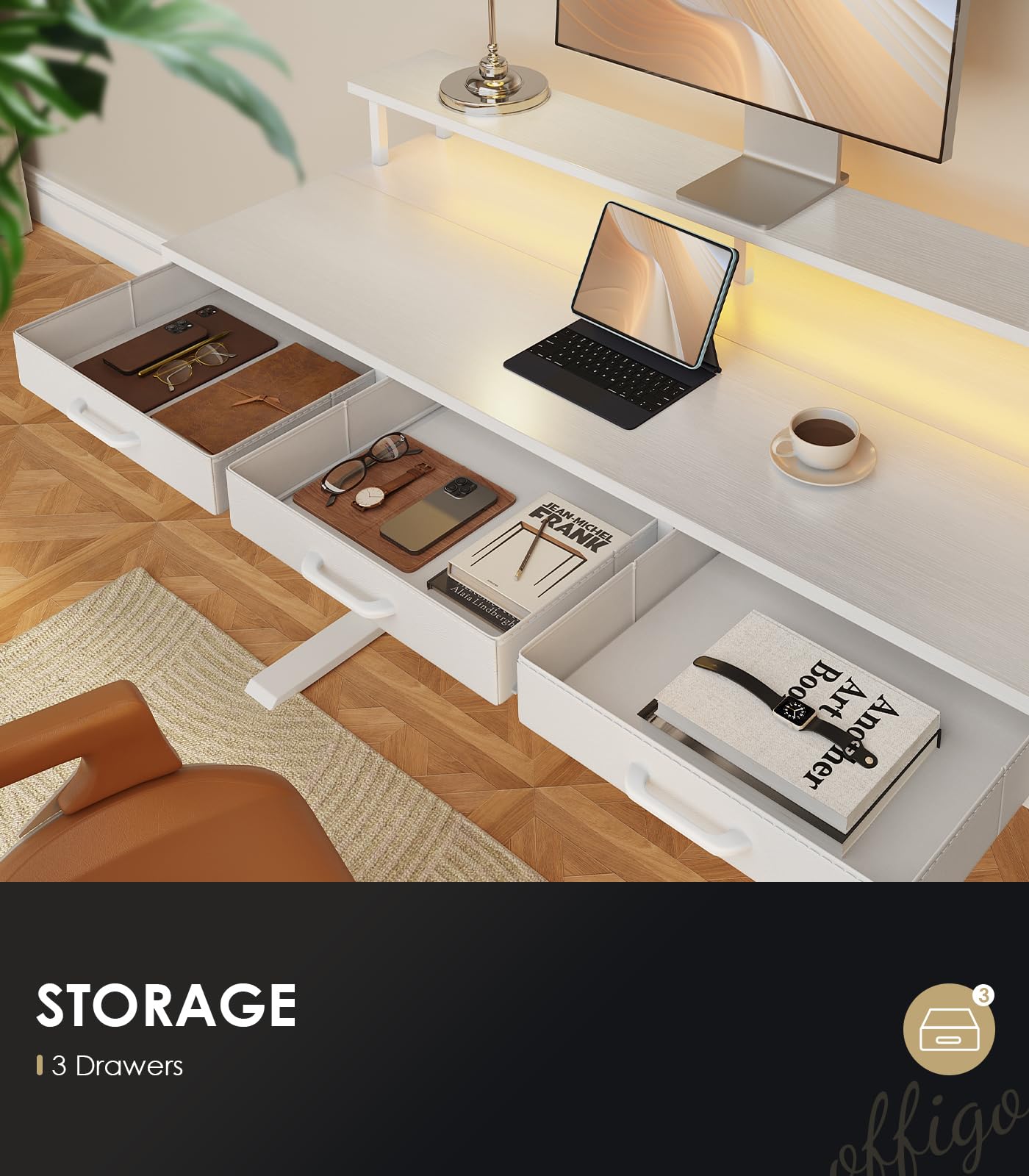 OffiGo Electric Standing Desk with Drawers 55 Inch Height Adjustable Desk with Power Outlets LED Lights Sit Stand — view 6