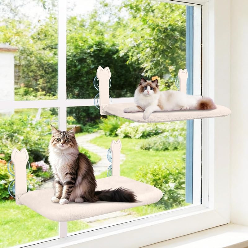 Cama de Janela para Gatos com Ventosas, Estrutura Metálica Dobrável e Capa Reversível Turbosus Bege, Pacote com 2