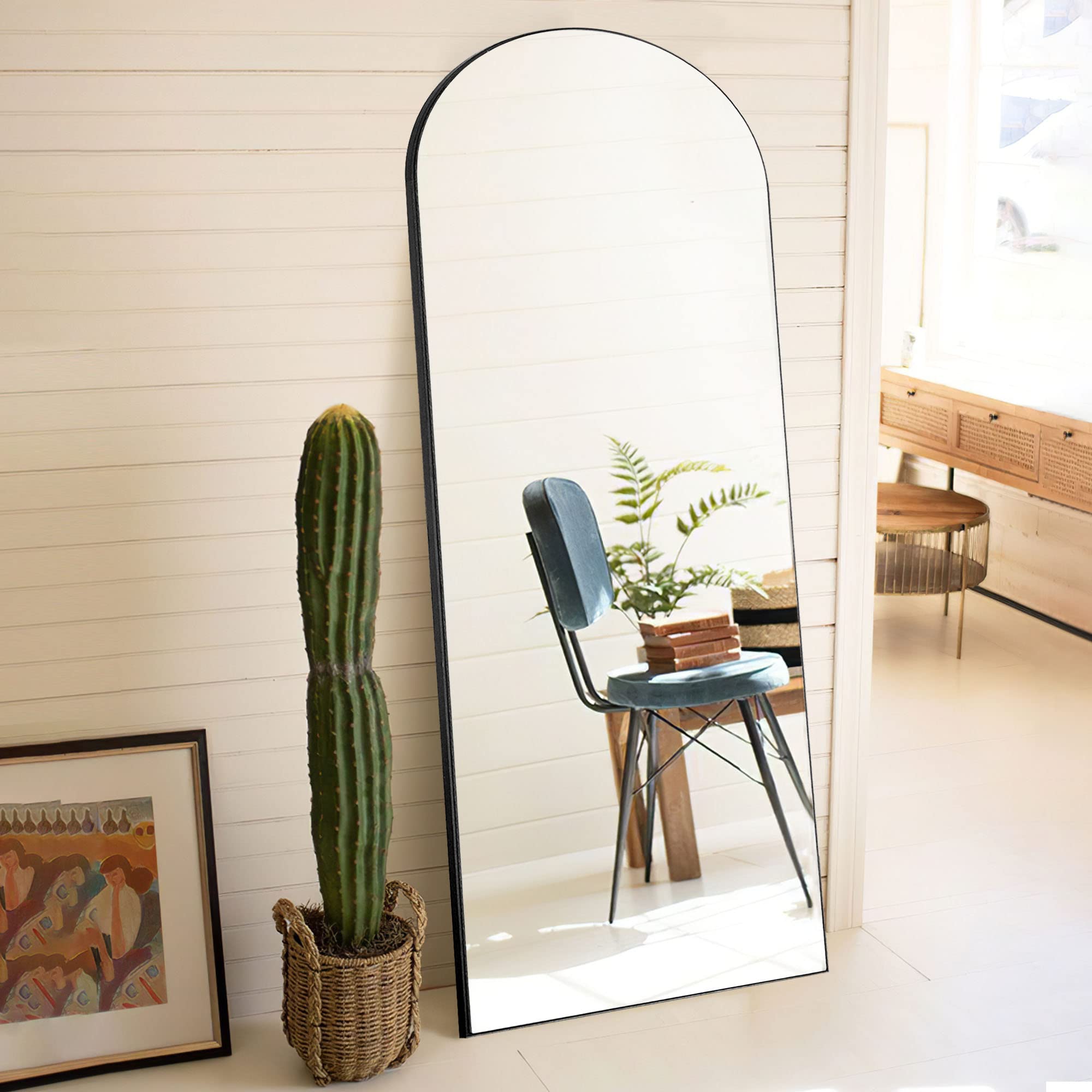 NeuType Arched Full Length Mirror, Full Body Mirror, Wooden Thin Frame, Hanging or Leaning Against Wall, Oversized Large Bedroom Mirror, Floor Mirror, Dressing Mirror, Wooden Thin Frame, Black