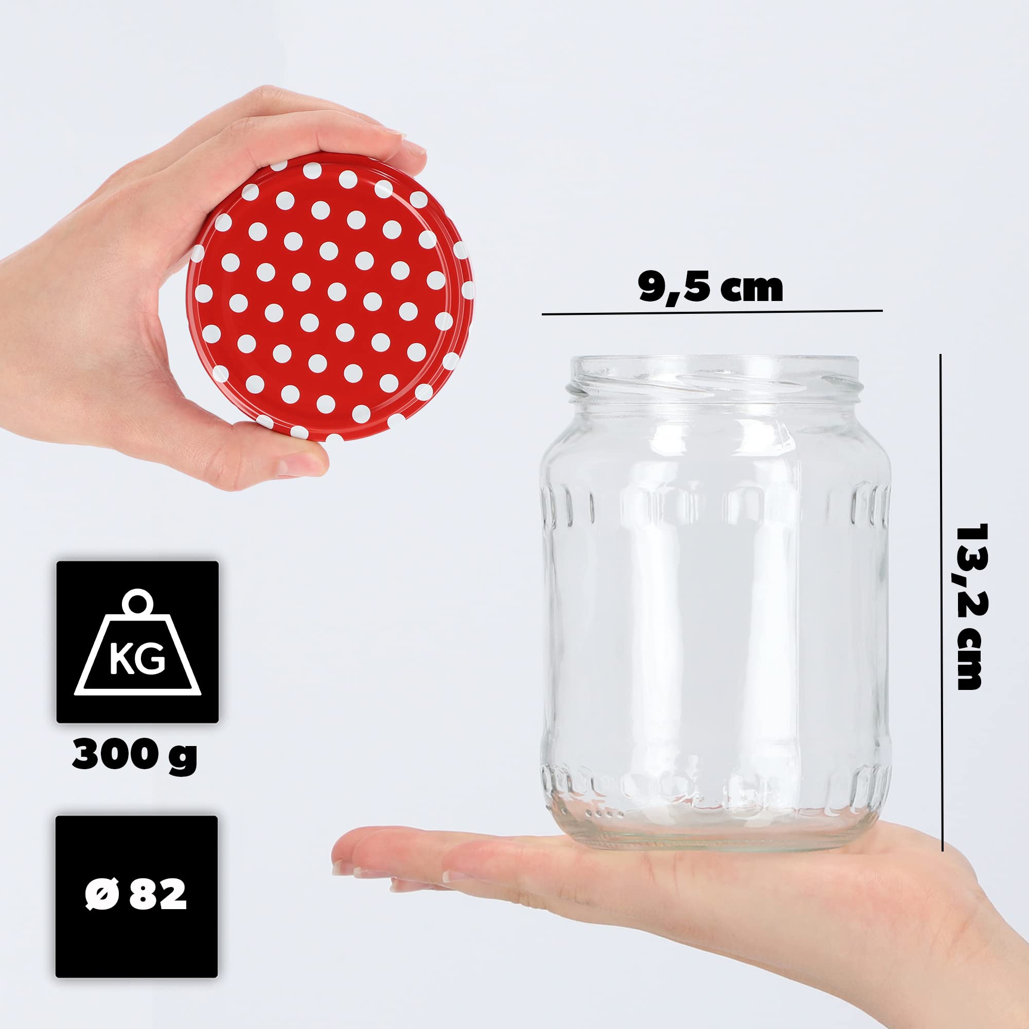 KADAX Lot de 48 Grands bocaux en Verre 720ml Ø82 à Pois Rouges – Couvercle Twist-Off hermétique TO82 – pour conserves, cornichons, légumes fermentés & confitures Maison