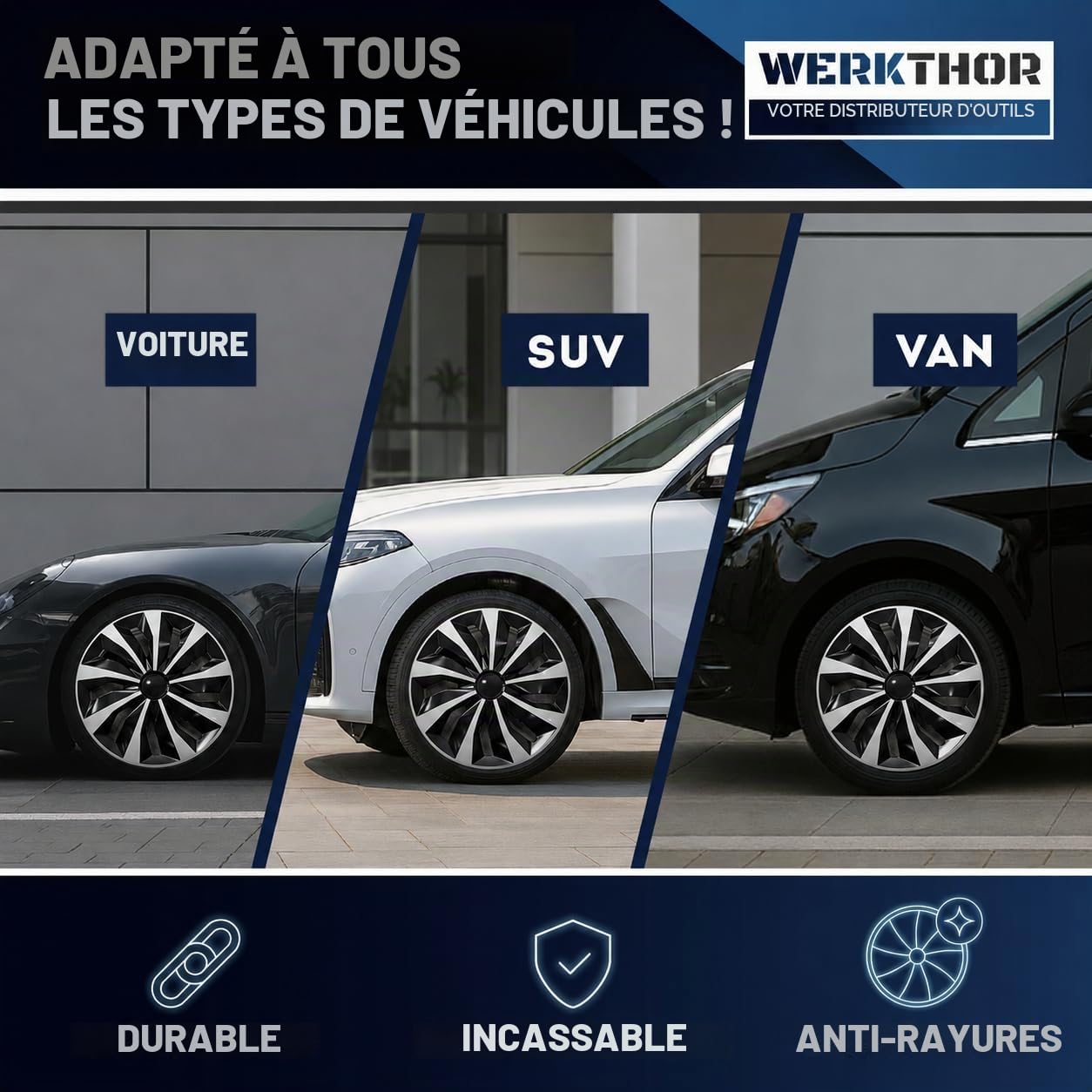 WERKTHOR Lot de 4 enjoliveurs de qualité supérieure - 17" - Noir/argenté