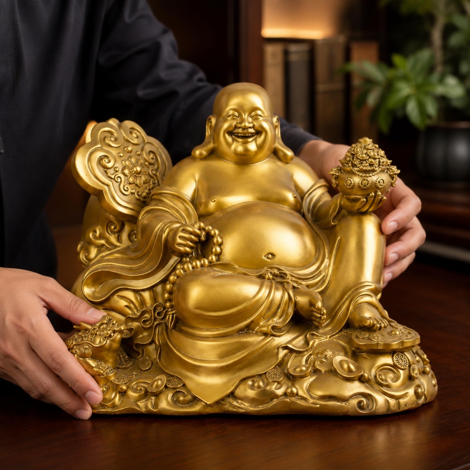 Statue Bddha Maitreya Rieur en Cuivre Décoratif Statue Bddha Rieur Religieux Statute Maitreya pr Bureau, 38CM