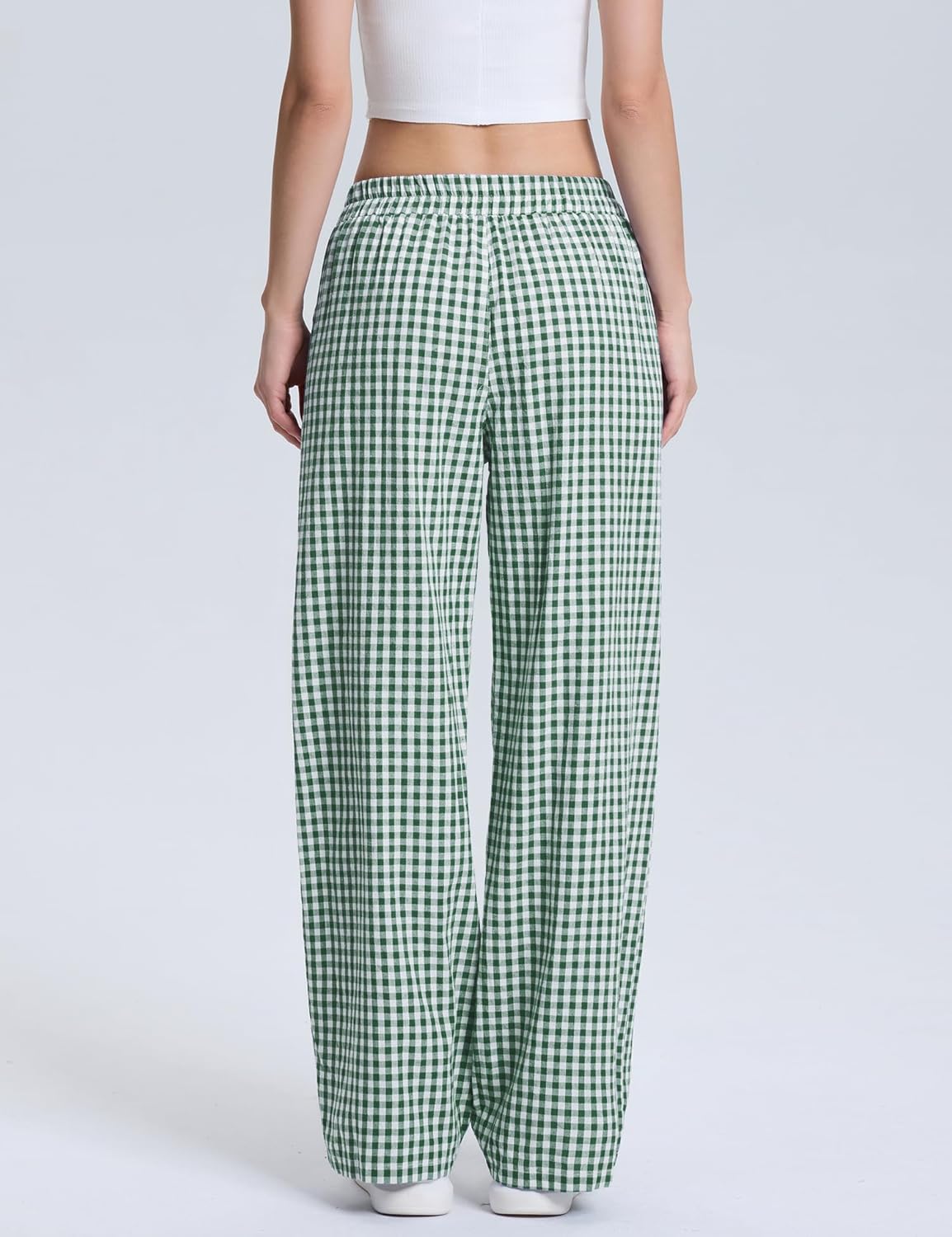 LOMON Women's Boxers Gingham Plaid Wide Leg Pants Cotton Pajama Lounge Pj Casual Trousers Y2K Flowy Bottoms with Pockets (Green White Plaid, XXL) - Image 3