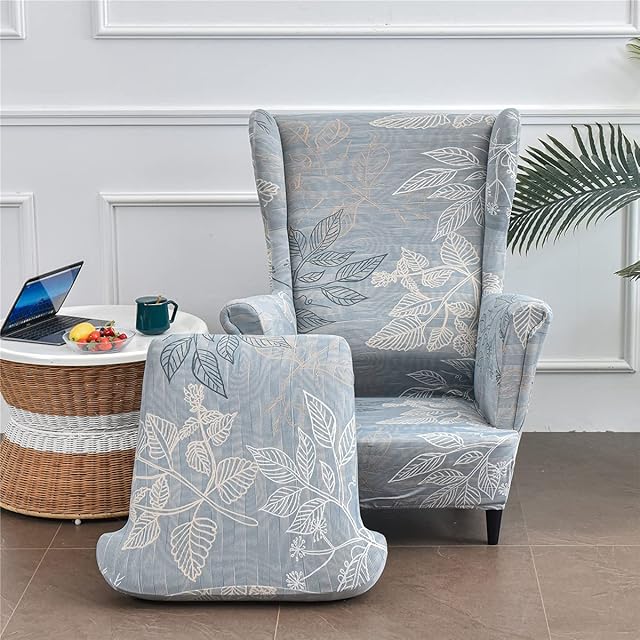 Highdi Wingback Chair Covers 2 Piece Stretch Wing Chair Slipcover, Washable Spandex Fabric Sofa Cover Furniture Protector for Armchair Chairs Living Room Bedroom Hotel (Gray leaves)