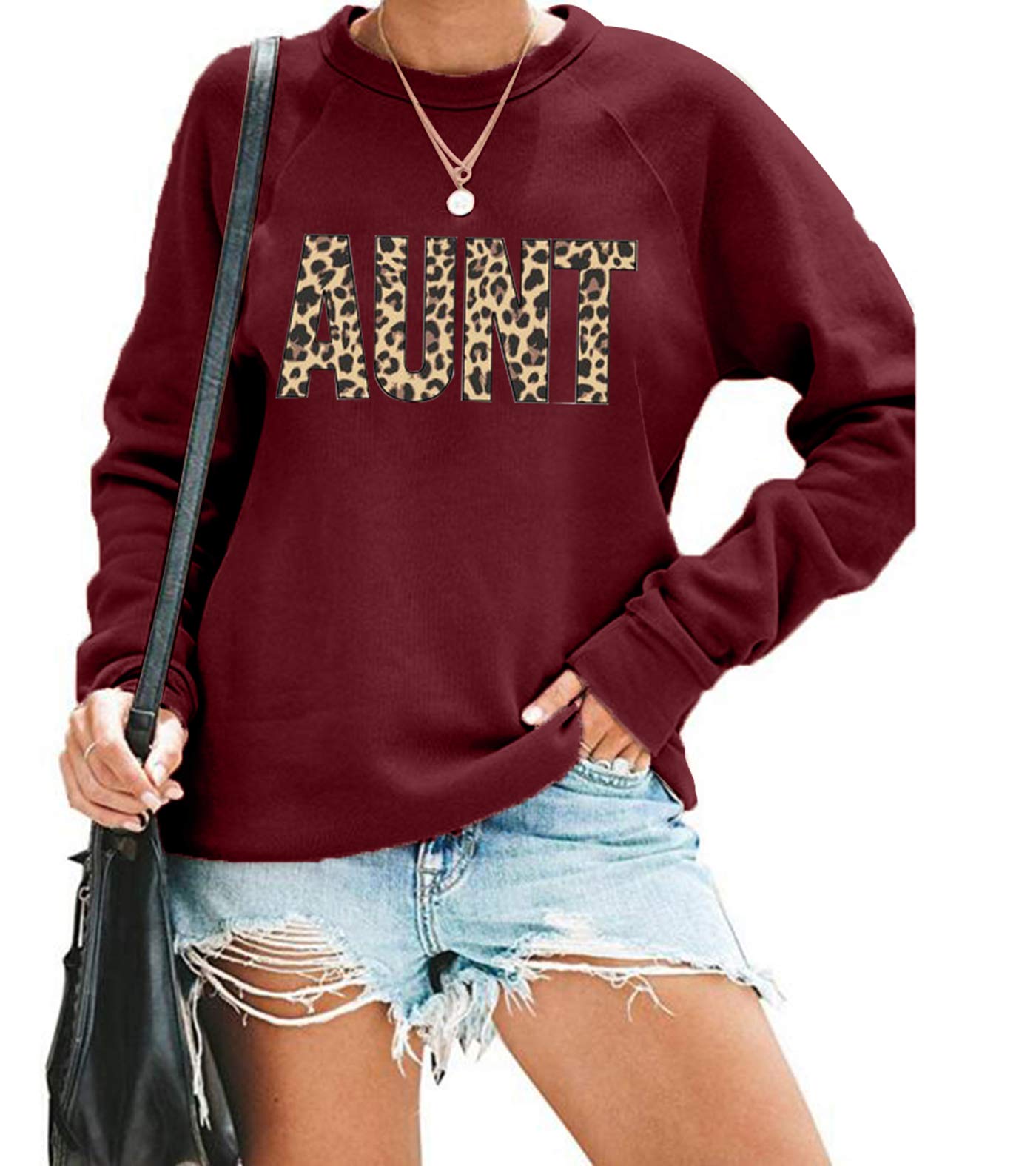 DUTUT Aunt Sweatshirt Women Cute Auntie Leopard Sweatshirt Funny Aunt Letter Graphic Blouse Tops