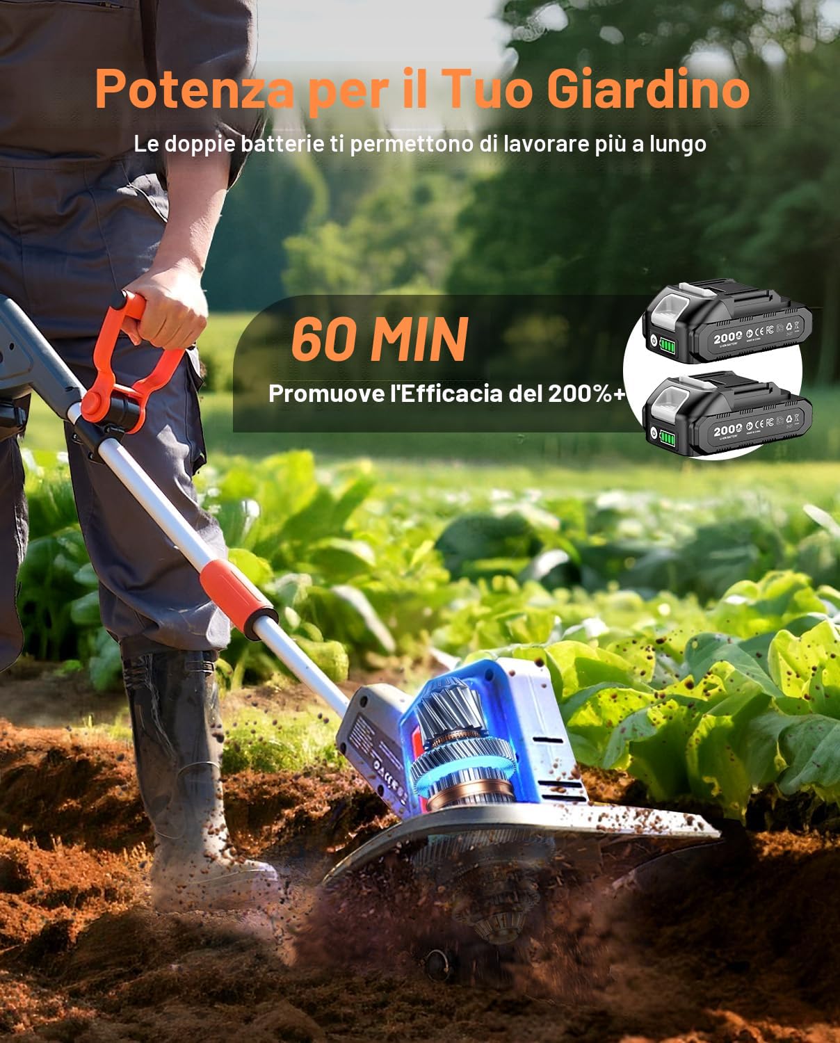 Motozappa A Batteria, Motozappa Elettrica con Batteria 4000 mAh, Coltivatore Elettrico 360 RPM con 48 Denti in Acciaio, Larghezza 25 cm e Profondità 18 cm, Ideale per Smuovere e Compostare