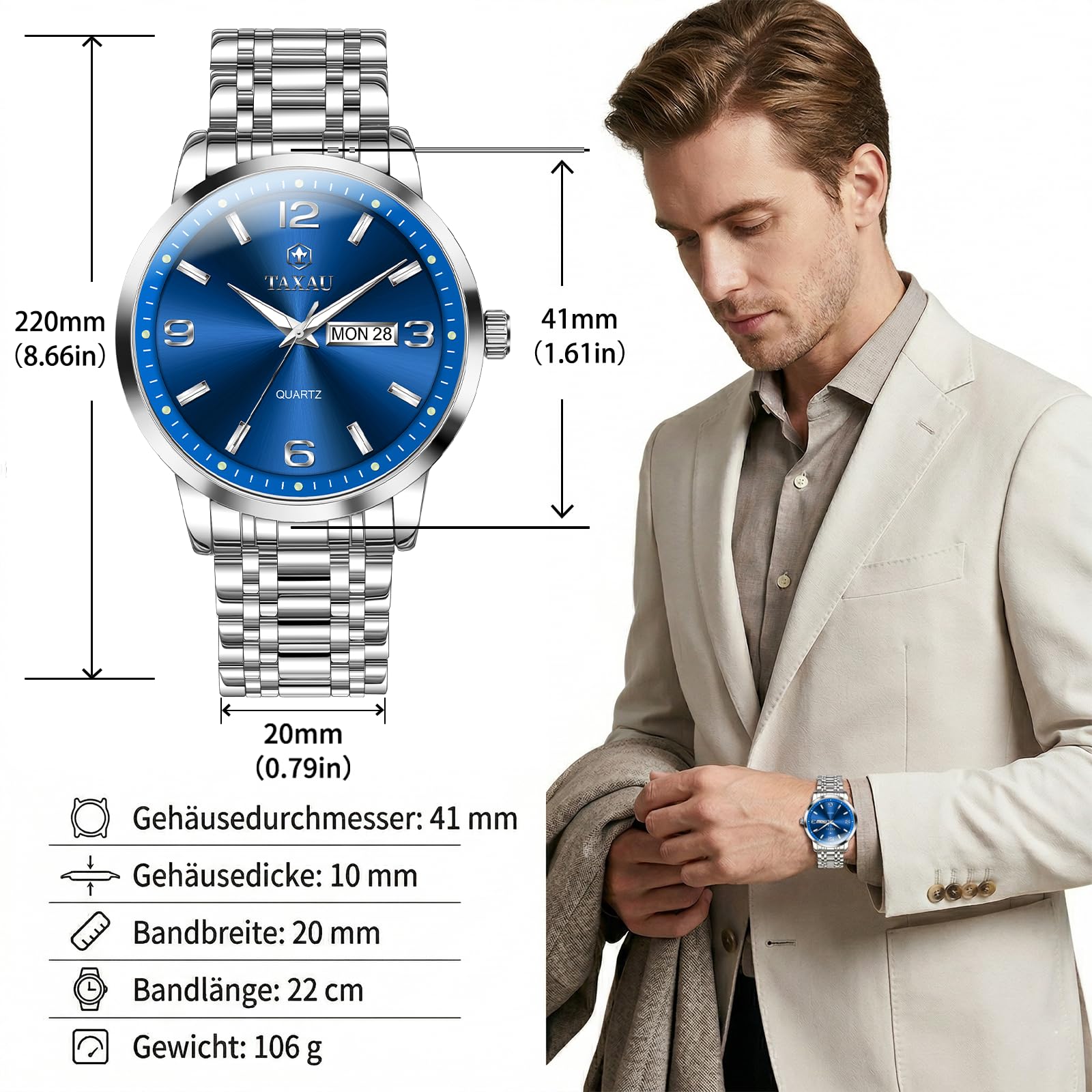 Taxau Wasserdicht Edelstahl Kleid Luxus Business Multifunktion Leuchtend Datum Geschenk Herrenuhr