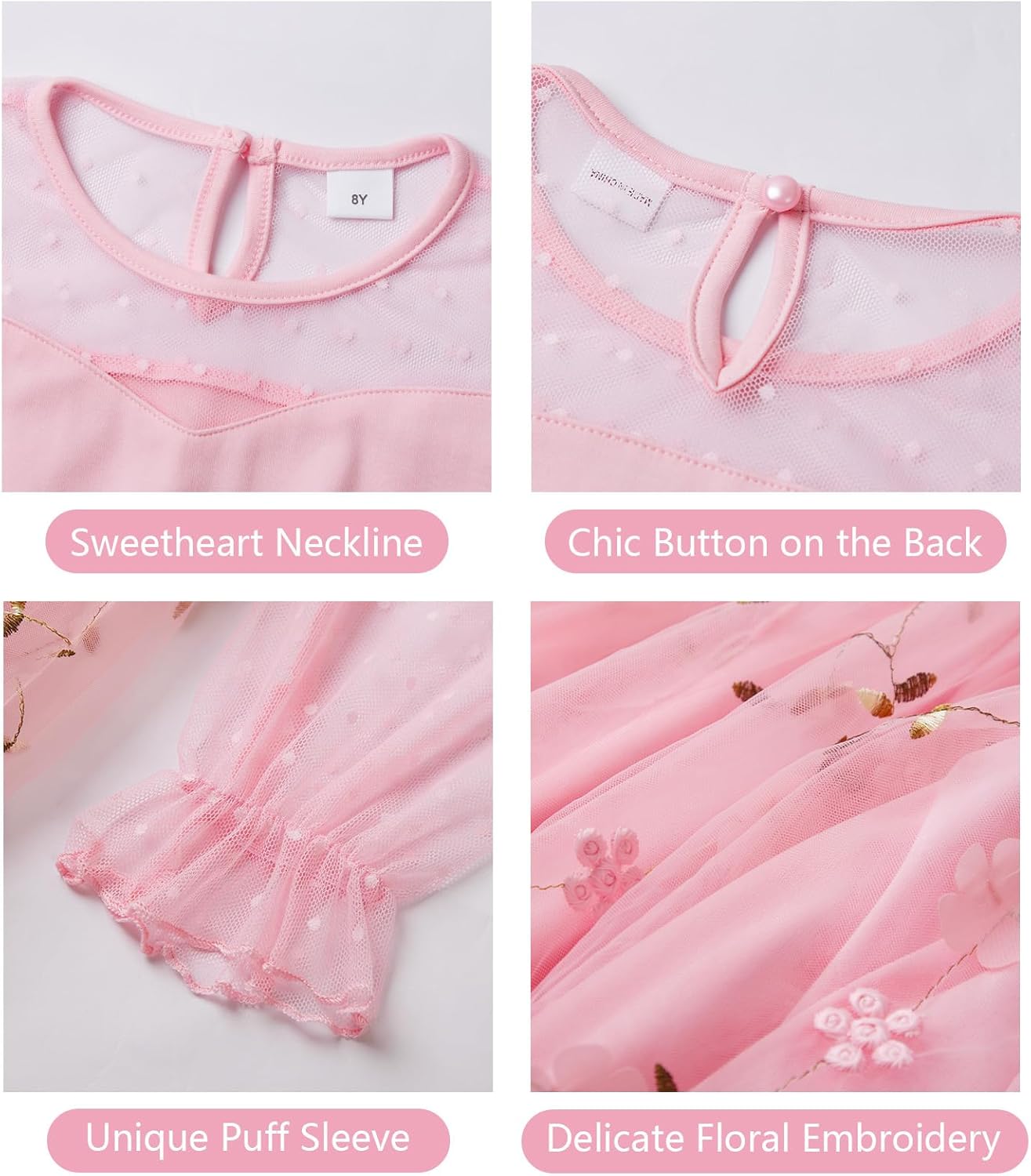 DAXIANG Puff Long Sleeve Contrast Mesh Flower Girl Dresses Formal Party Wedding High Low A Line Tulle Dress 5-14 Years Light Pink 10-12 Years image 6 of 6 B0FG7YZF9B