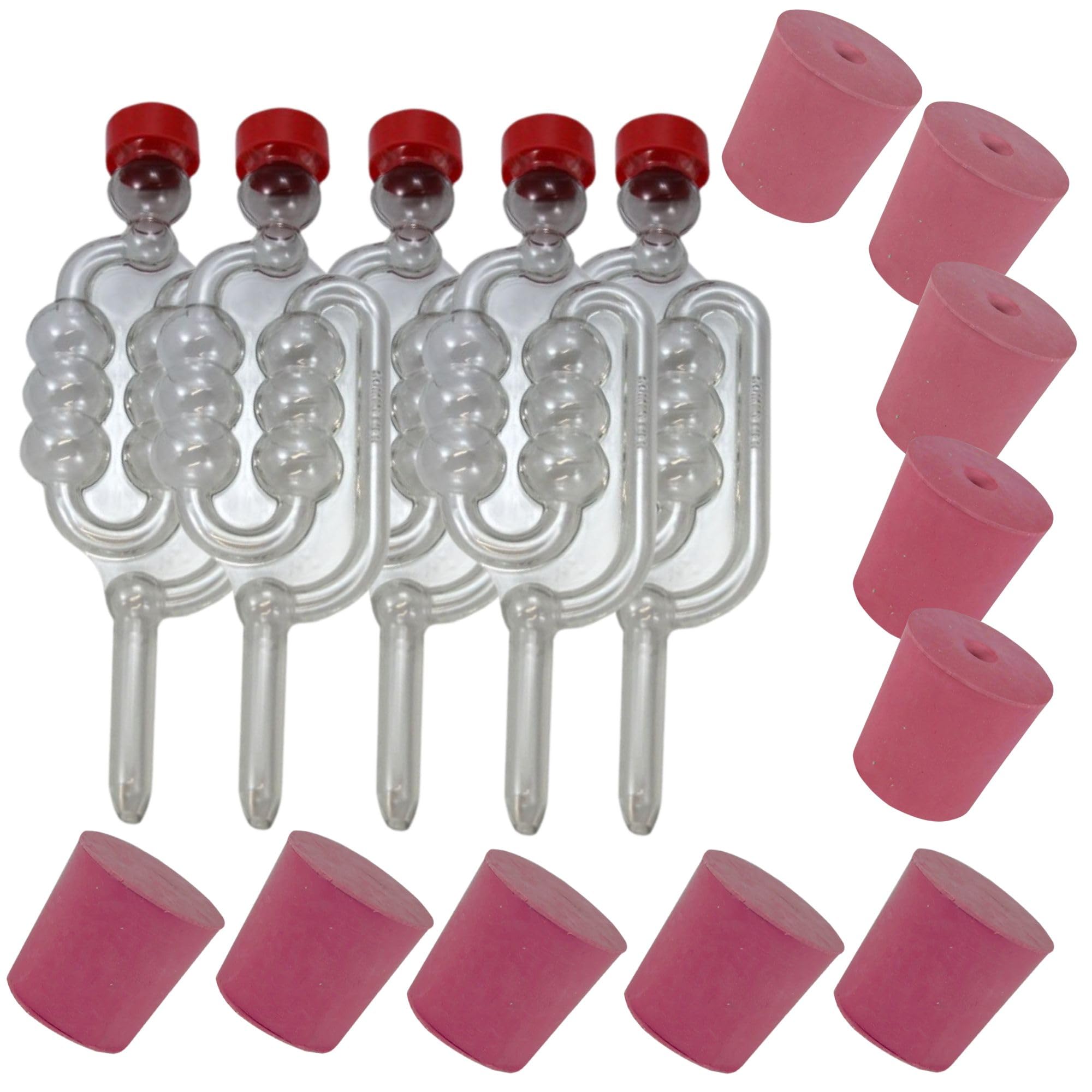 5X Fermentation Bubbler Airlocks, 5 Bored Rubber Bungs and 5 Solid Bungs Homebrew Winemaking