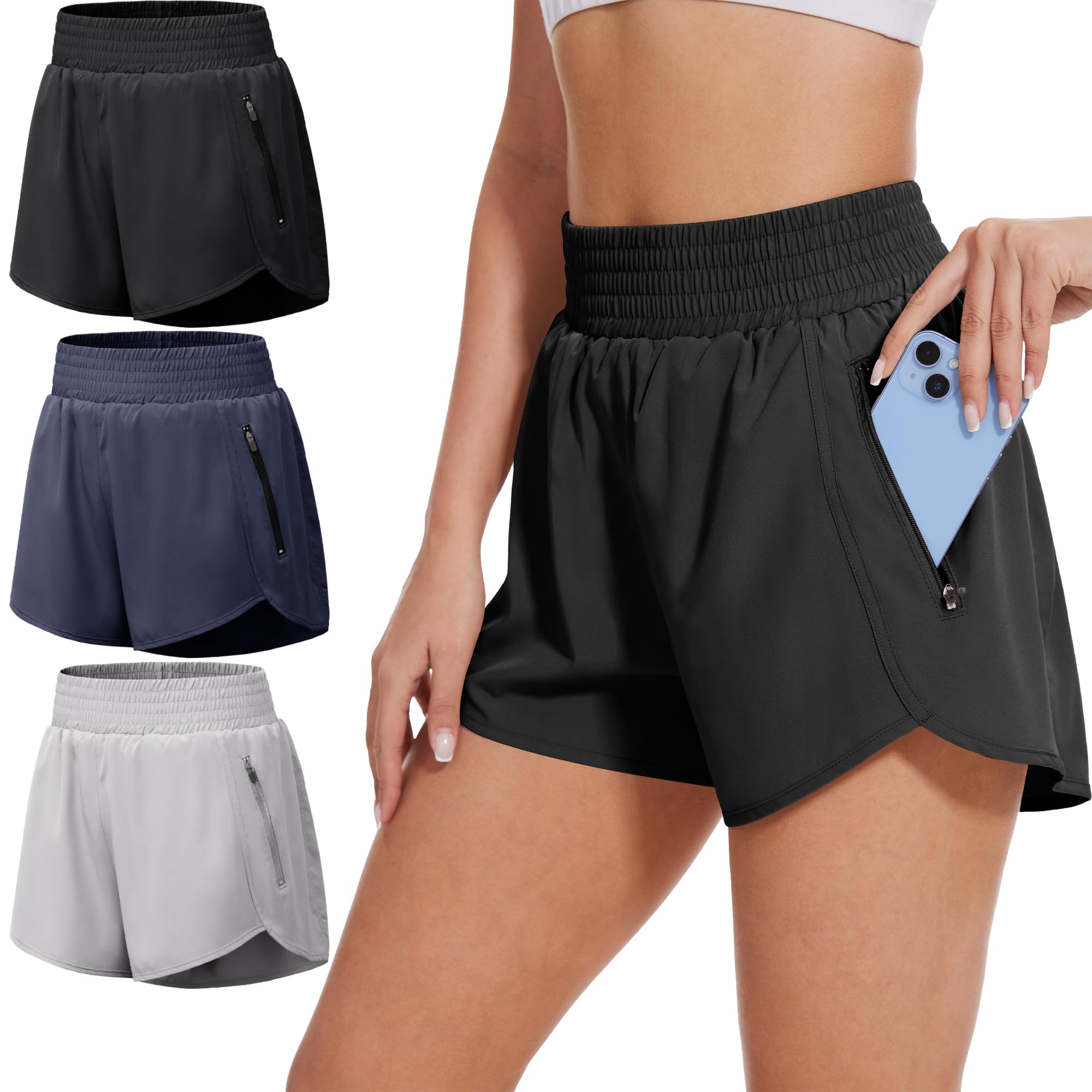 BALENNZ Women's Athletic Workout Shorts with Zipper Pockets Activewear Elastic Waist Gym Running Shorts