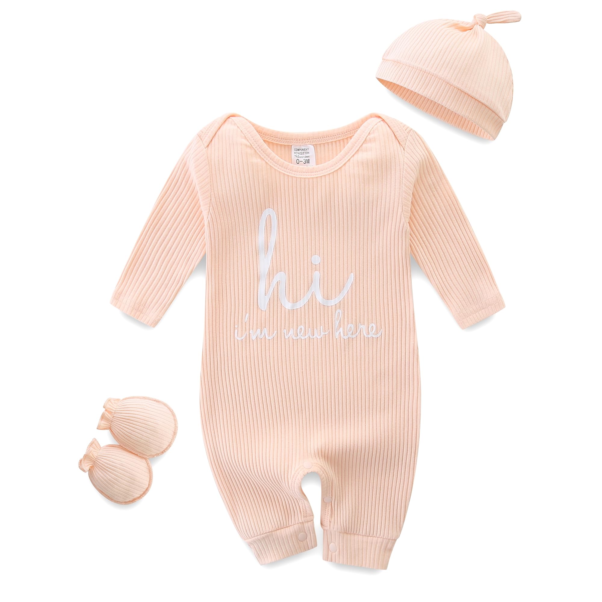 Baby Romper with Baby Mittens & Newborn Hats Footless Long Sleeve Solid Onesie Hi Im New Here