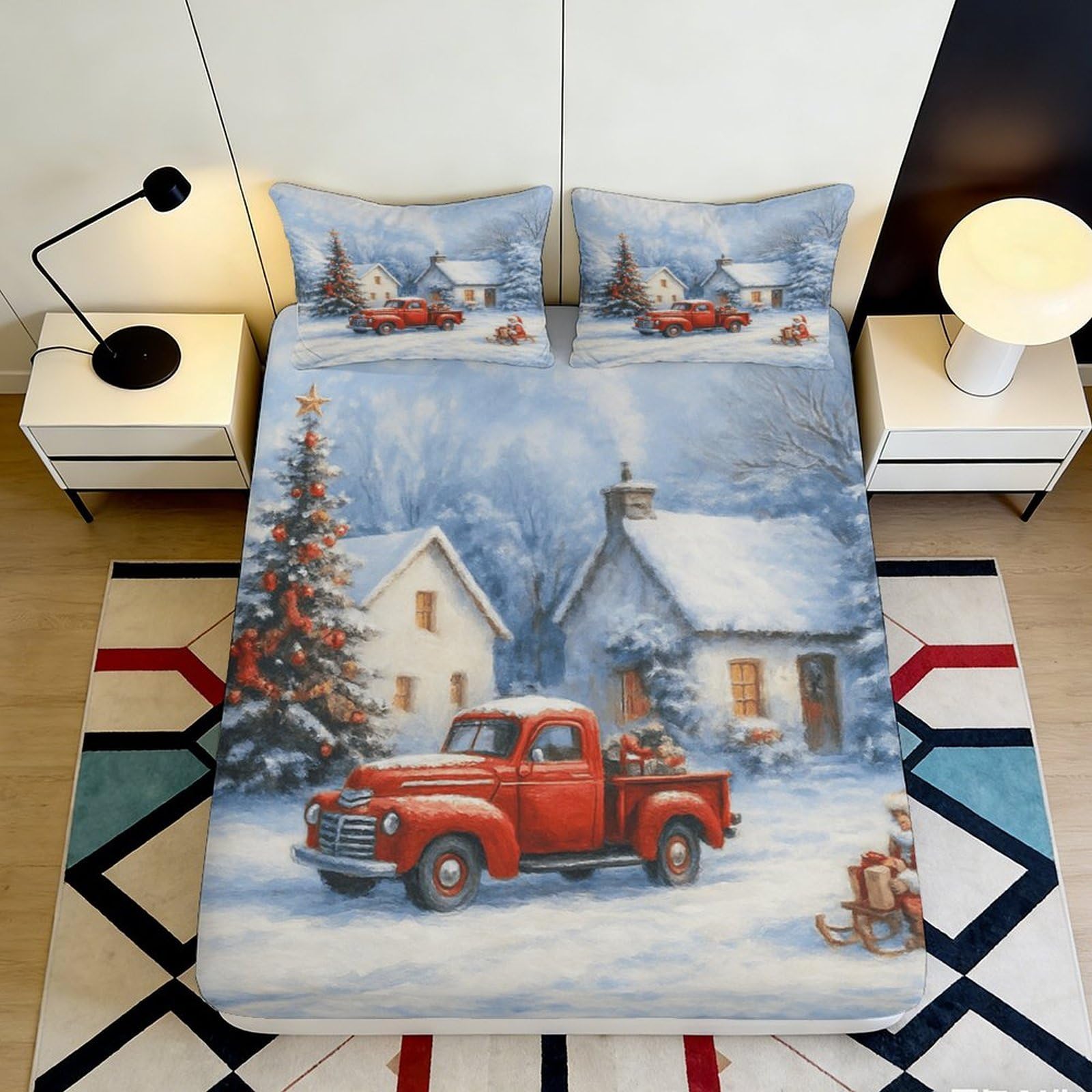 3D Printed Snow Village Fitted Sheet Microfiber Red Truck Bed Cover for Bedroom Guest Room Dorm Mattress Decor 200x200x25cm