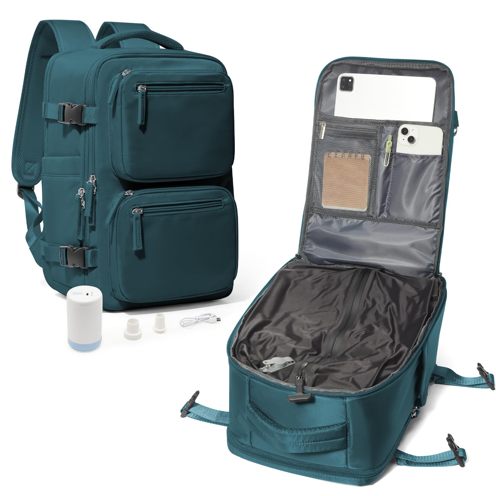 suradar Zaino Sottovuoto Viaggio, Zaino Ryanair 40x20x25 con Sottovuoto Pompa Travel Backpack Bagaglio a Mano 40x20x25 Ryanair Aereo Zaini 14 Pollici Porta PC Blu pavone