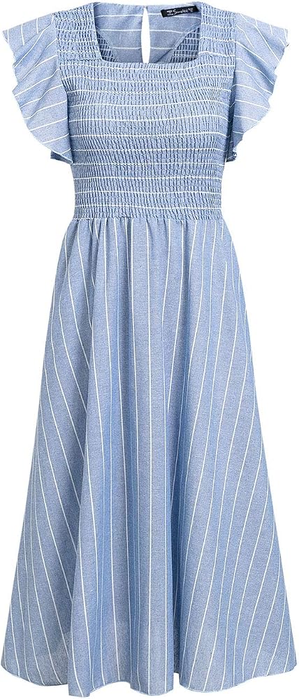 Miessial Womens Summer Smocked Midi Dress Casual Flutter Sleeve Long Boho Flowy A Line Church Modest Dresses with Pockets