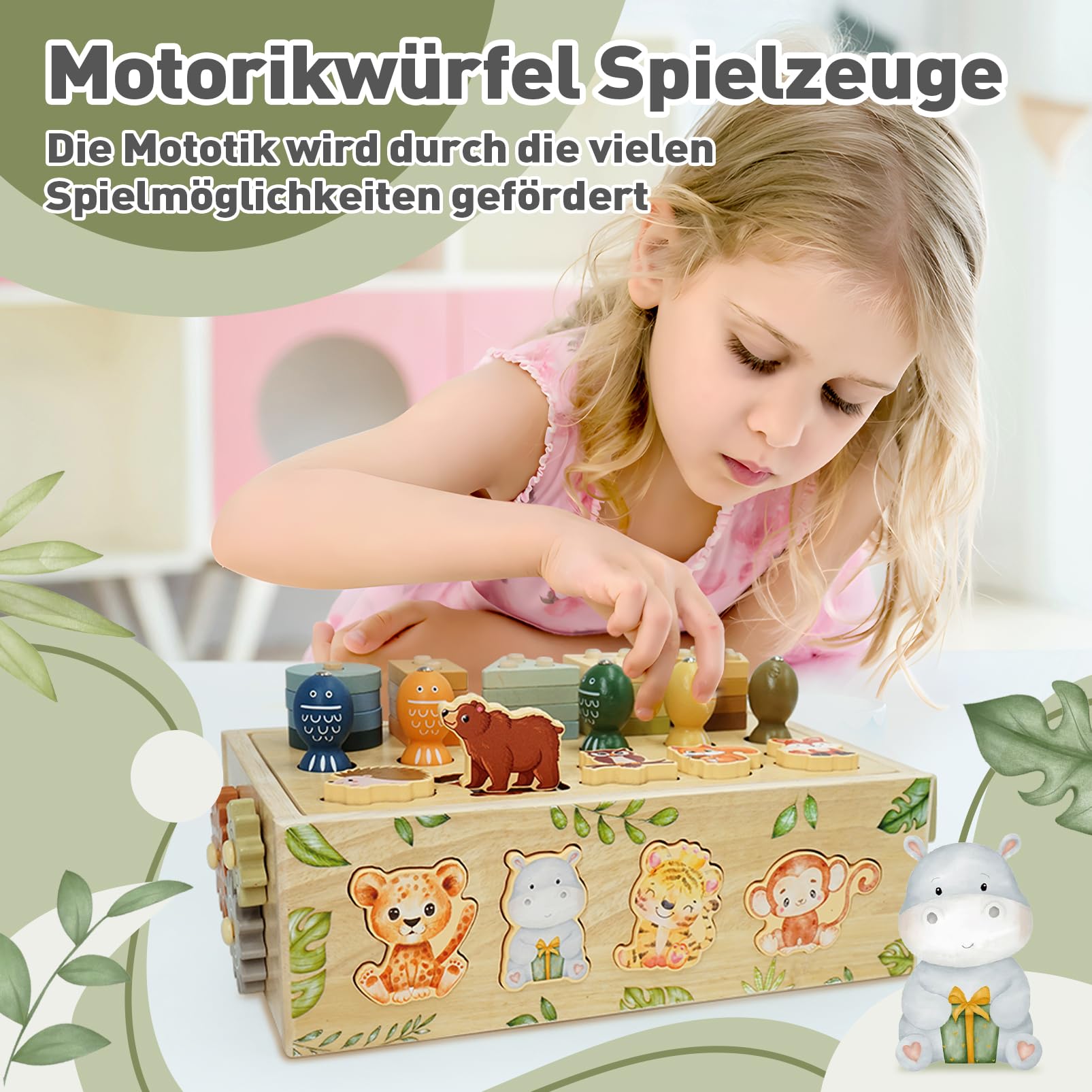 Montessori Zabawka dla Dzieci 1+ Lat, Drewniana Kostka Motoryczna 9 w 1, Safari, Zabawka Motoryczna, Prezent dla Dzieci 1-4 Lat