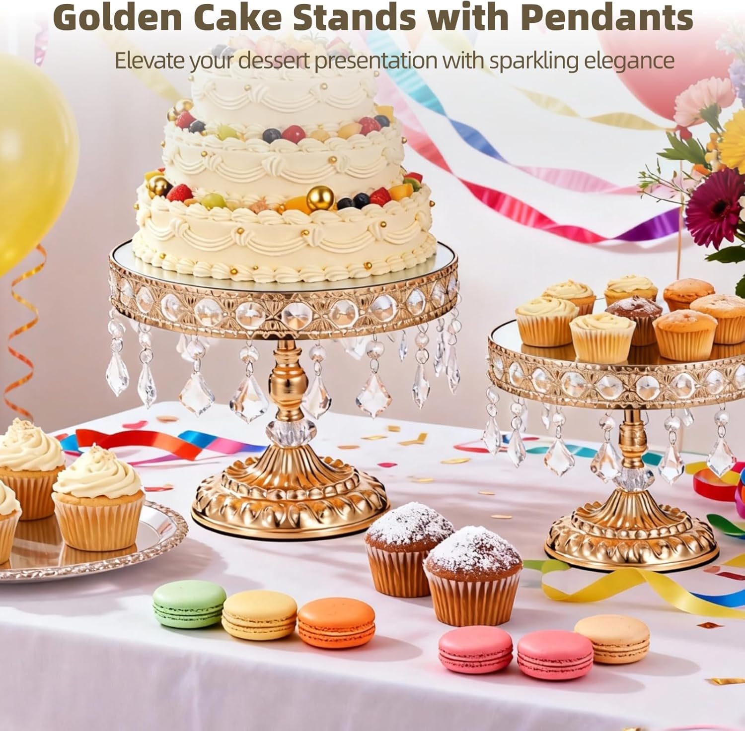 3 PCS Golden Cake Stands with Pendants, Round Mirror Cake Stand with Hanging Crystal Beads, Dessert Display Riser, European Style Lace Cupcake Stands for Wedding Birthday Banquet Dessert Buffets